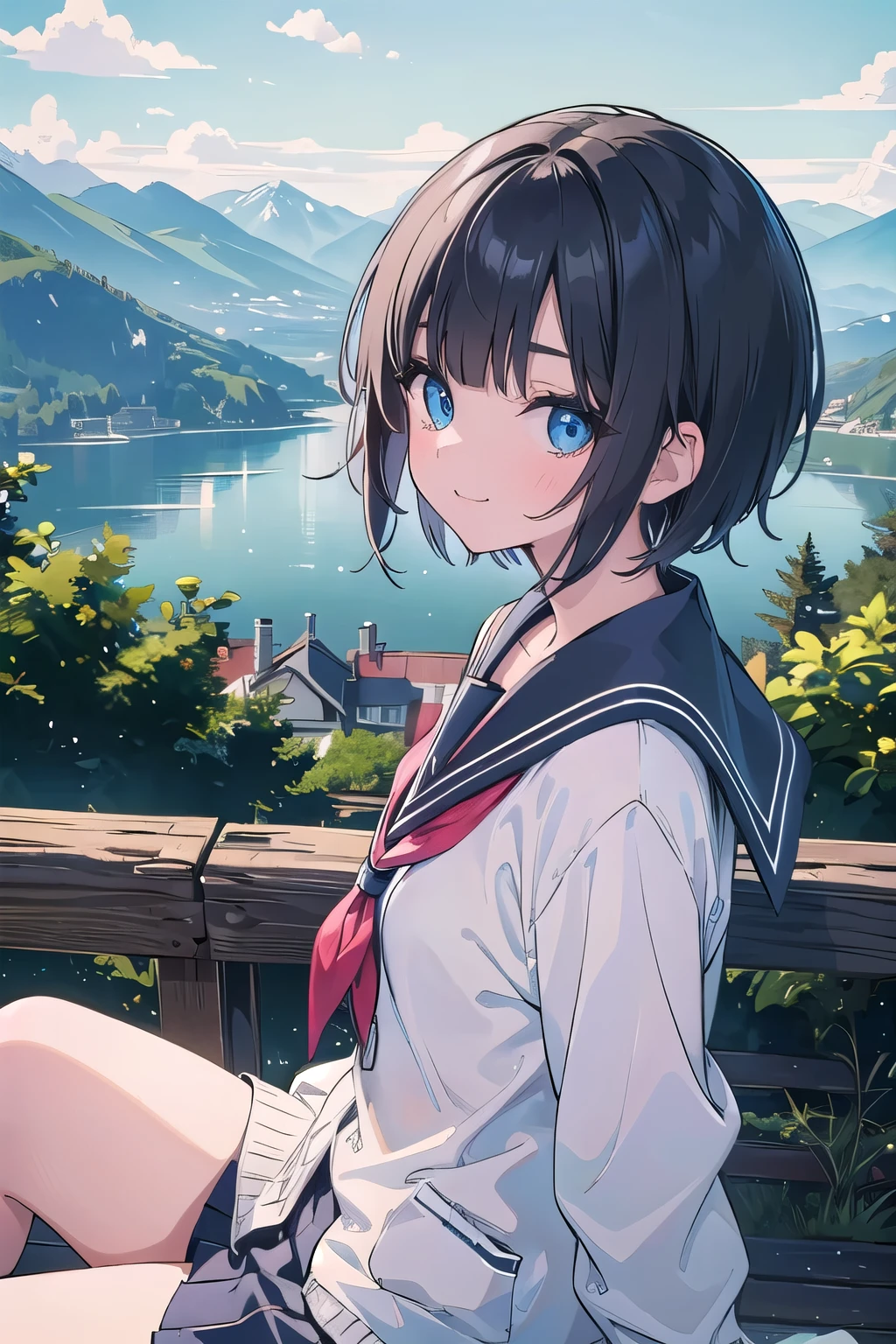 (masterpiece:1.2), (highest quality:1.2), Upper body, perfect eyes, perfect face, perfect lighting, mountainous horizon, 1 girl, black hair, blue eye, ((very short back hair)), blunt bangs, cute eyes, Medium chest , ((From the side)),from below, closed mouth, vivid description,orgasm, I was scared, Ahegao, smile+Happy, tooth, anger, From the side, sitting, school uniform, cardigan