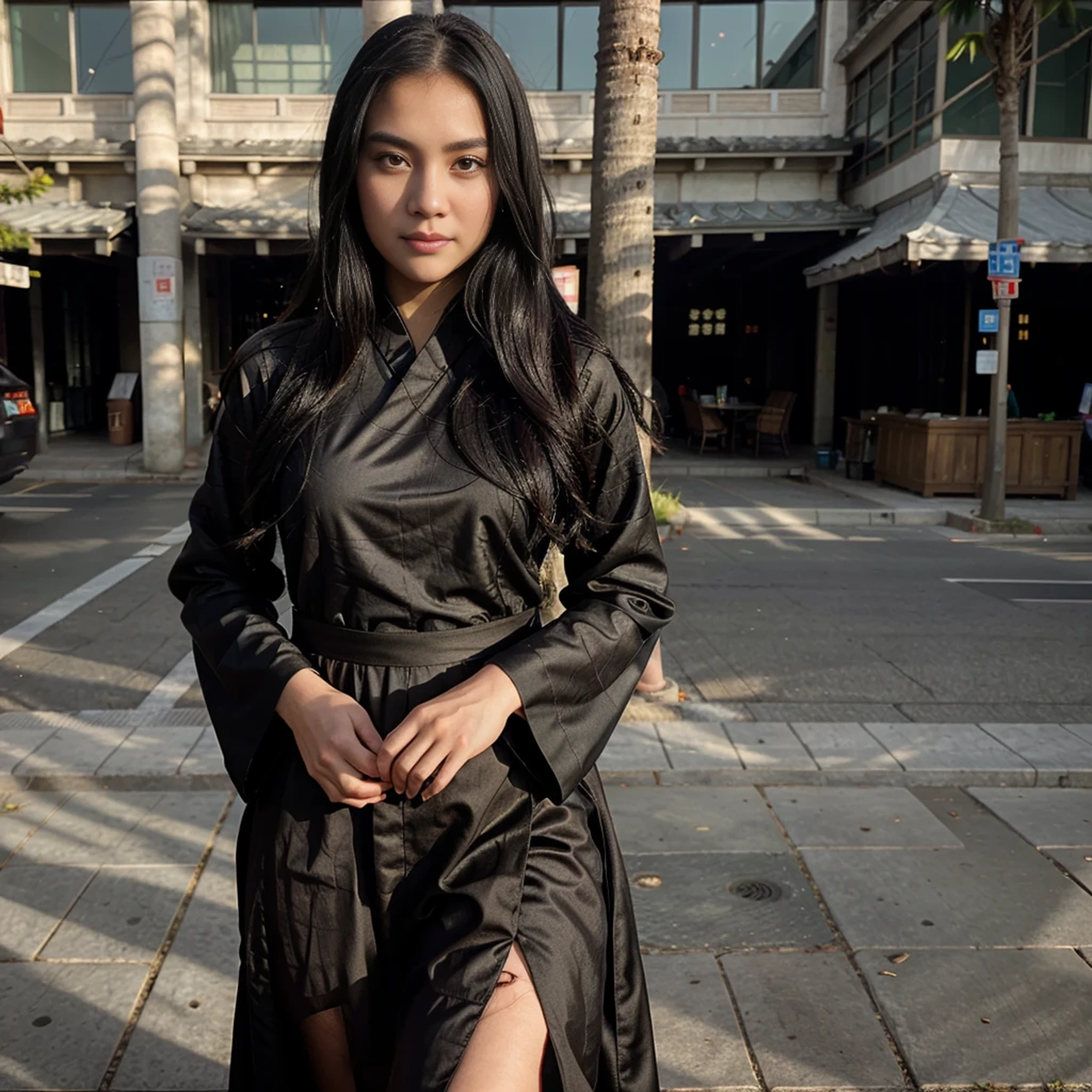 1girl,full body,extremely detailed face, beautiful detailed eyes,light on face,cinematic lighting,looking at viewer,outdoors,Black hair,(balck Chinese architecture:0.05),hanfu