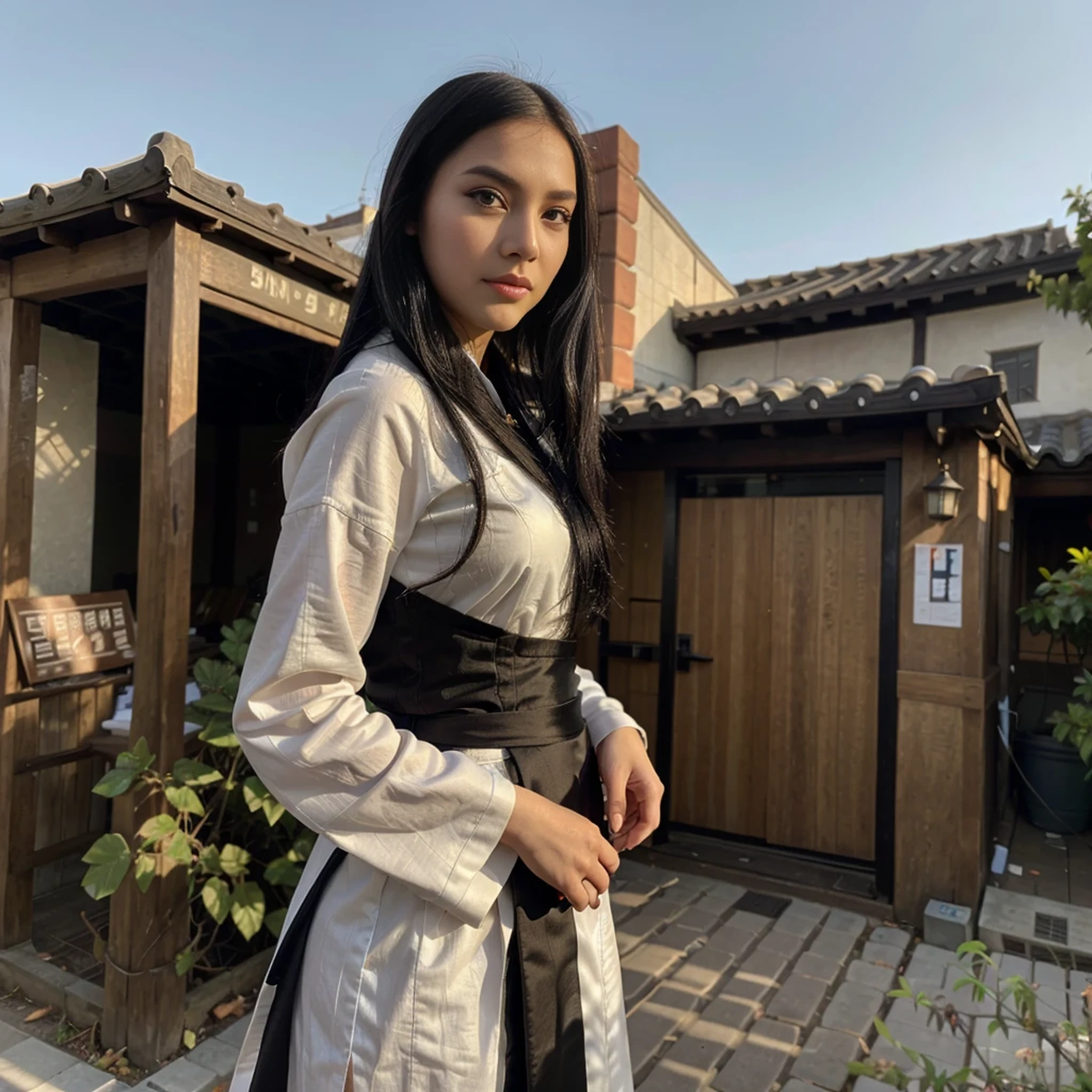 1girl,full body,extremely detailed face, beautiful detailed eyes,light on face,cinematic lighting,looking at viewer,outdoors,Black hair,(balck Chinese architecture:0.05),hanfu