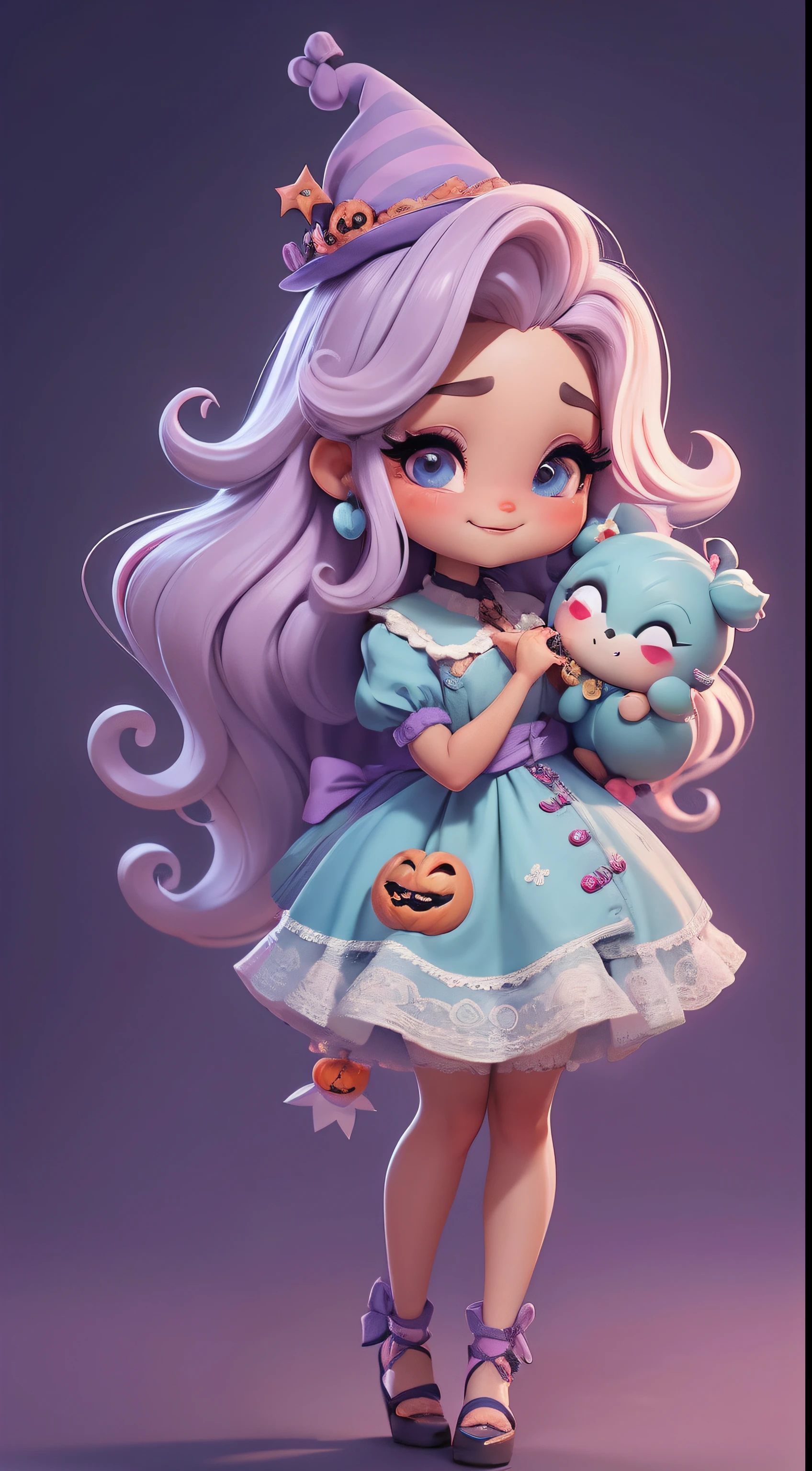 Create a collection of adorable chibi african horror style dolls，Cute Halloween theme, Each features tons of detail and 8K resolution. All dolls should follow the same solid color background pattern and be complete within the image, show (whole body, including legs: 1.5)

Boneka Mini Halloween: call her Marina. She must have little lavender and light blue hair. Your eyes should be large and expressive, long eyelashes and rosy cheeks. Smile is delicate and white. Marina must wear a skirt, a gorgeous hat. She should bring Halloween accessories. Certifique-se de adicionar detalhes nas clothing, such as buttons and pockets, Beautiful shoes must be shaded, Hair texture and details, clothing, halloween supplies, Make them more cute and charming.