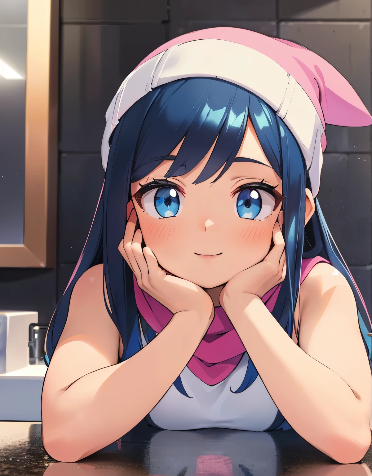 (best quality,4k,8k,highres,masterpiece:1.2),ultra-detailed,(realistic,photorealistic,photo-realistic:1.37)highres,portrait,beautiful girl,taking a selfie in a public bathroom mirror, full body,glossy reflection,\(pokemon\), beanie, long hair, blue hair, blue eyes, detailed eyes, beautiful eyes, black sleeveless shirt, pink scarf, pink skirt, pink boots, body shape, chubby thighs, down blouse,[metallic mirror],vibrant colors,soft lighting,hint of mystery,subtle smile,stylish outfit,impressive attention to facial details,expressive eyes,luscious lips,long eyelashes,shiny hair flowing down,urban backdrop,modern ambiance