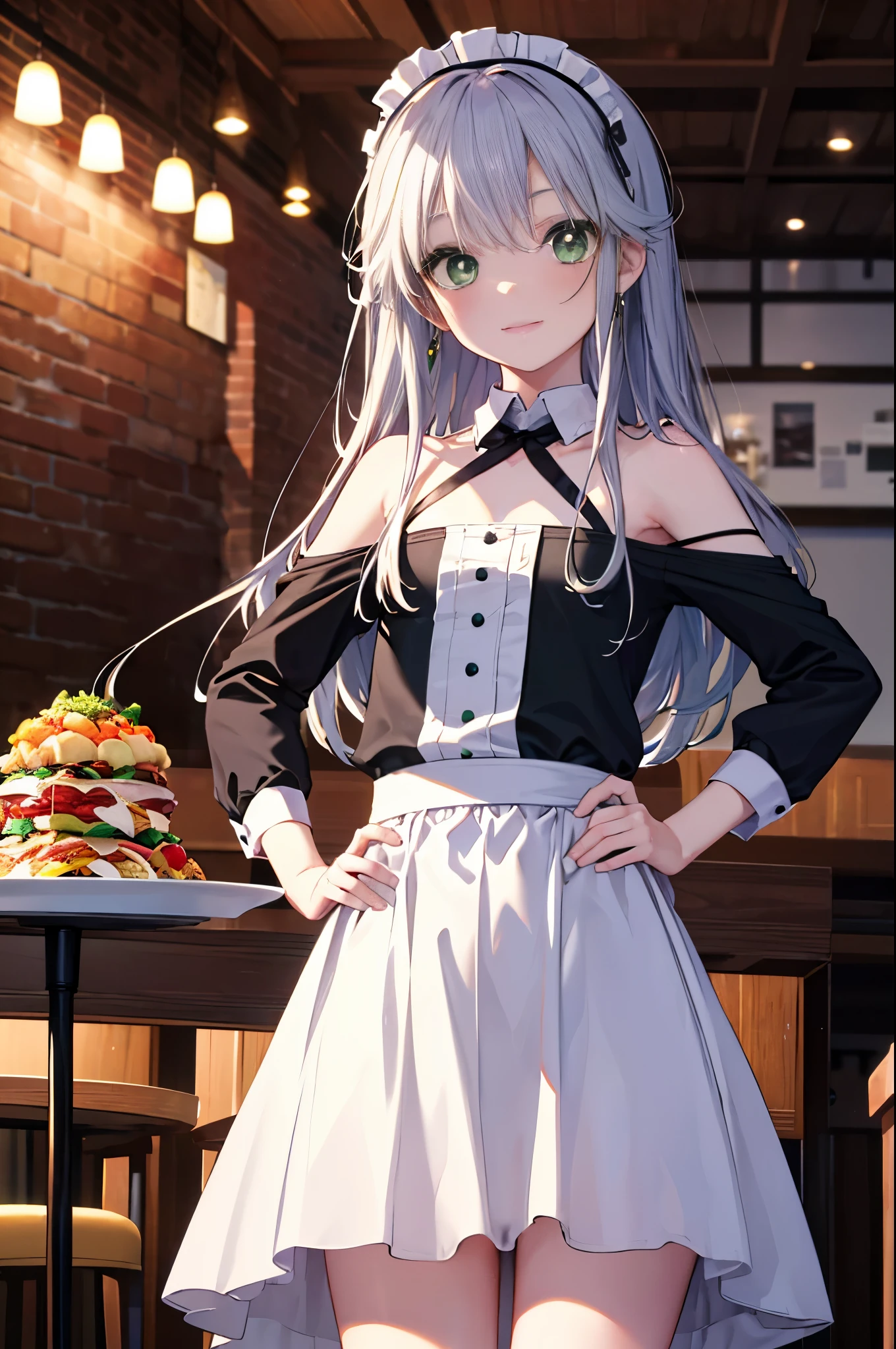 index, index, (green  eyes:1.5), silver hair, long hair, (flat chest:1.2),smile,blush,bossy,she was wearing a maid long skirt, white stockings on her legs,put both hands on hips,Standing in honor,bare shoulders,looking up from below,There&#39;s a lot of food on the table, break looking at viewer, Upper body, whole body, break indoors, restaurant,viking, break (masterpiece:1.2), highest quality, High resolution, unity 8k wallpaper, (figure:0.8), (detailed and beautiful eyes:1.6), highly detailed face, perfect lighting, Very detailed CG, (perfect hands, perfect ???????),