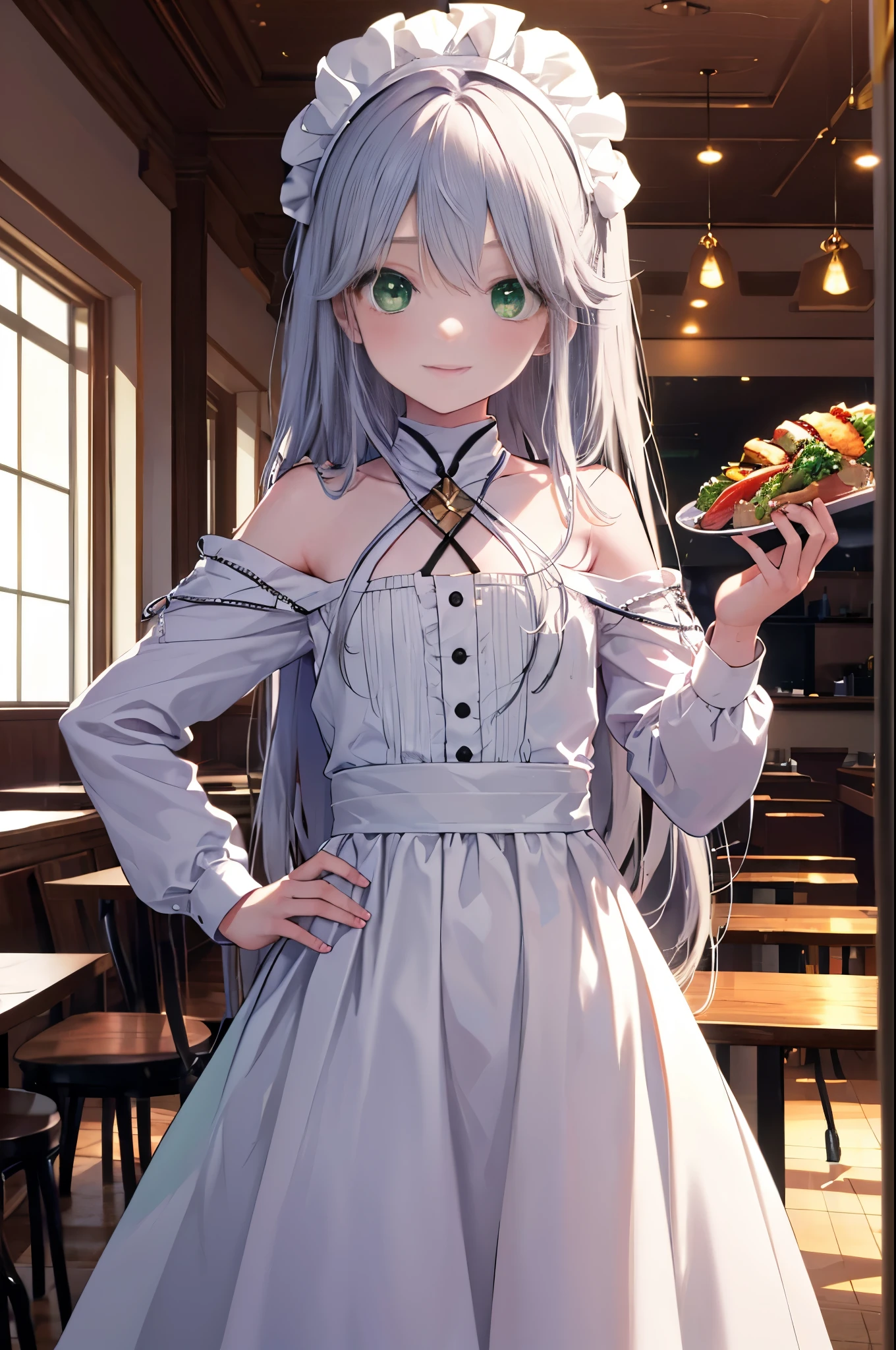 index, index, (green eyes:1.5), silver hair, long hair, (flat chest:1.2),smile,blush,bossy,she was wearing a maid long skirt, white stockings on her legs,put both hands on hips,Standing in honor,bare shoulders,looking up from below,There's a lot of food on the table, break looking at viewer, Upper body, whole body, break indoors, restaurant,viking, break (masterpiece:1.2), highest quality, High resolution, unity 8k wallpaper, (figure:0.8), (detailed and beautiful eyes:1.6), highly detailed face, perfect lighting, Very detailed CG, (perfect hands, perfect anatomy),