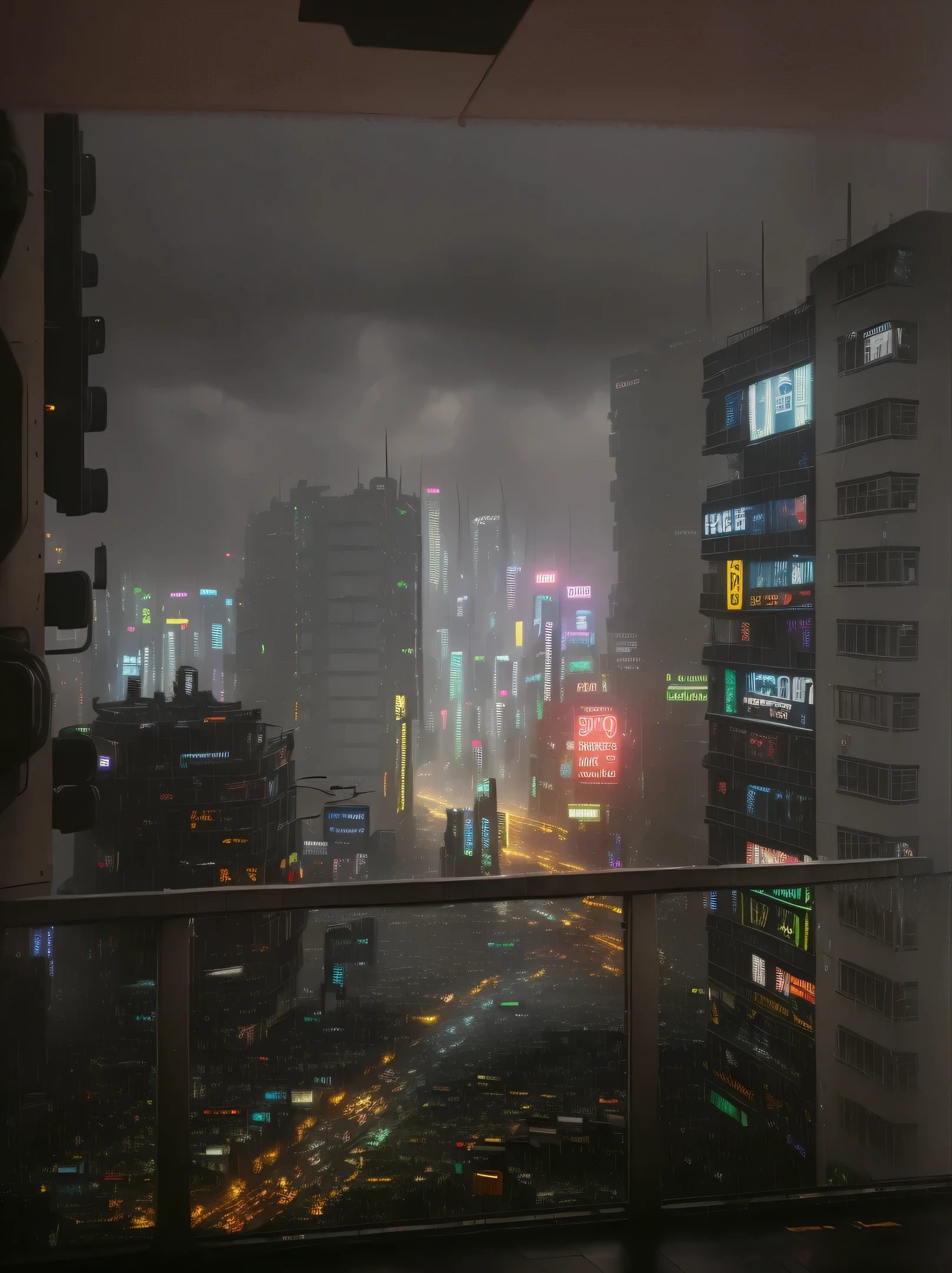 ((best quality)), ((masterpiece)), (detailed), a photo of a heavily congested cyberpunk city,(dramatic pose:1.5), (heavy rain:1.3), lightning and thunderstorm, dystopian futuristic dark city at night, neon city lights, street life background, intricate, side light, ultra high res, professional lighting, high quality make up, eye makeup