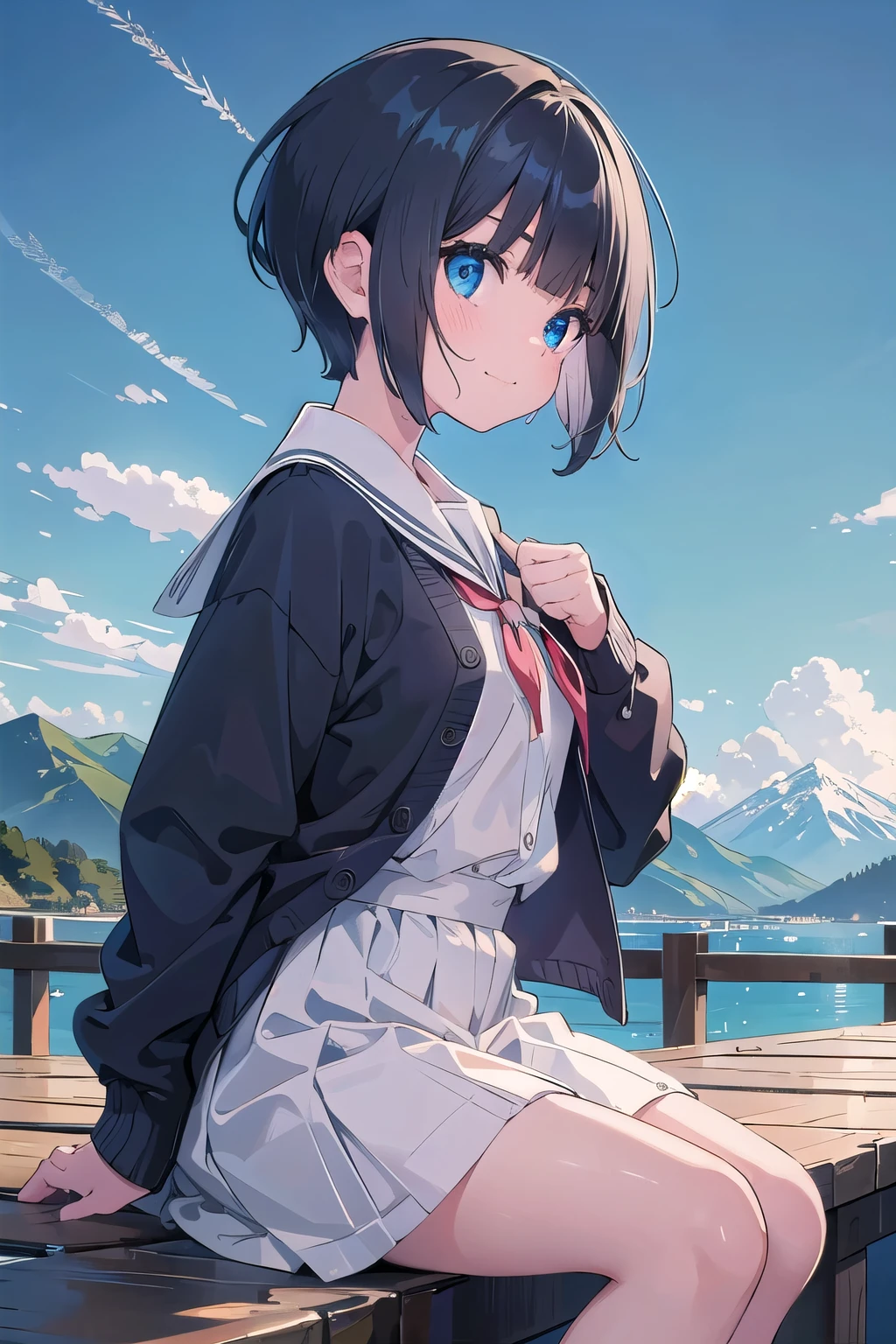 (masterpiece:1.2), (highest quality:1.2), Upper body, perfect eyes, perfect face, perfect lighting, mountainous horizon, 1 girl, 1 boy, black hair, blue eye, ((very short back hair)), blunt bangs, cute eyes, Medium chest , ((From the side)),from below, closed mouth, vivid description,orgasm, I was scared, Ahegao, smile+Happy, tooth, anger, From the side, sitting, school uniform, cardigan, anguish