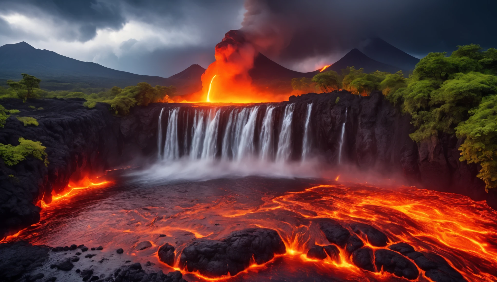 realistic photo, masterpiece, detailed, great and high waterfall, lava river (lava), magma river, volcano, fire, beautiful mountainous area, water vapor from a place where water mix with lava (magma), immersive background, cascading, trees, some dark clouds with lightning over volcano, beutiful landscape photography, hdr, raw photo,