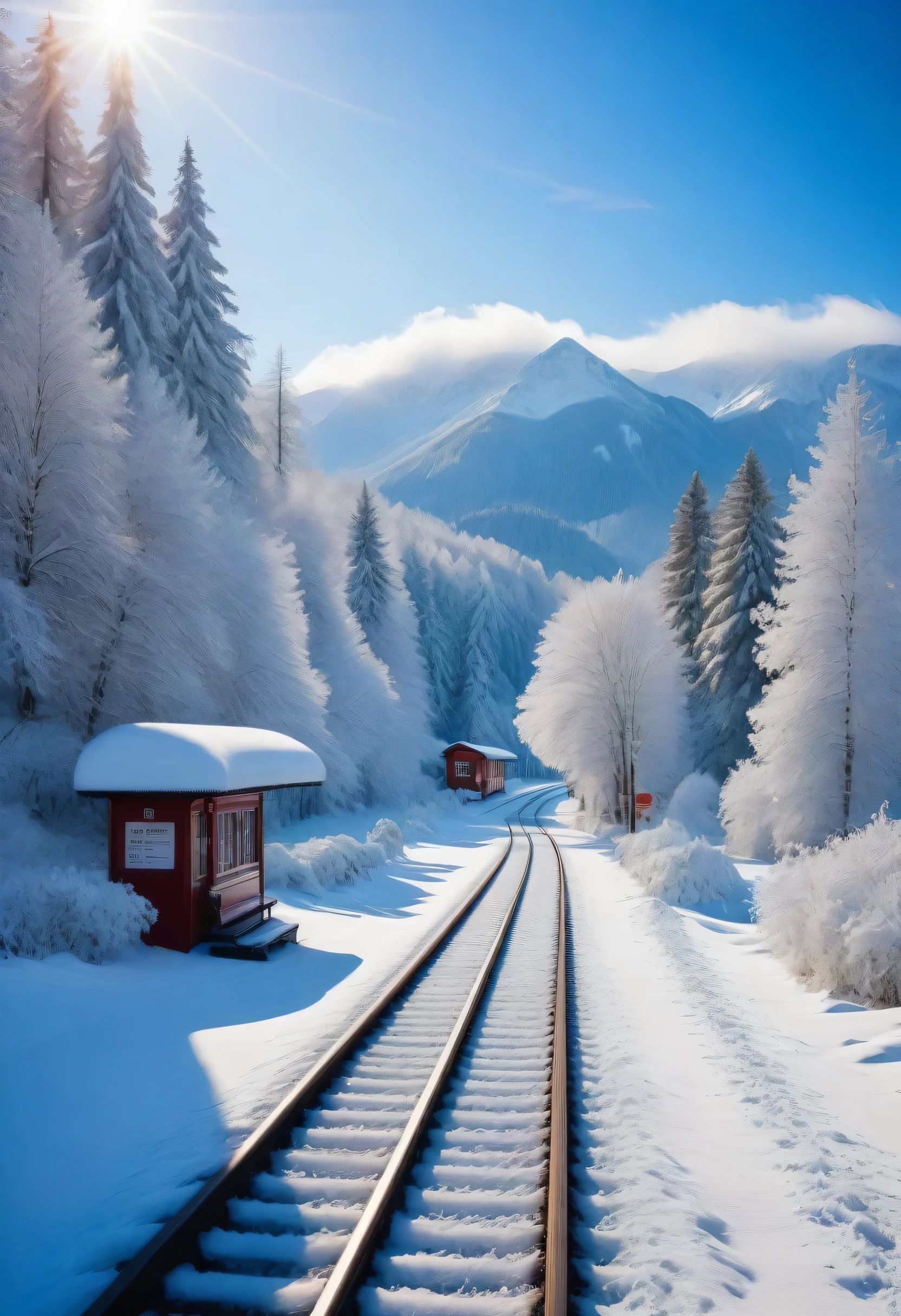 snow sceneの中にある小さなcountrysideの駅:red train parked:cute,snow scene,snow piles up,blizzard,coldness,winter,below freezing,melting snow,snow scene,snow shoveling,countryside,rural area,forest,quiet,nature,mountains,valley,suburbs, Station,platform,Ticket office,waiting room,bench,Railroad crossing,home,station staff,train,Station name sign,Silver World,Crystal of snow,snowfield,silence,silver,ice shine,icicle,hoarfrost,cold air,forest spreading far away,blue sky,footprints walking in the snow,pale light,Northern landscape,dazzling snow scene,clear sky,intricate details,Very fine,High resolution,high quality,最high quality,Clearly,Be clear,beautiful light and shadow,rendering,Switzerland,Near the border,Nice views,snow sceneの中にカラフルな電車が印象的な