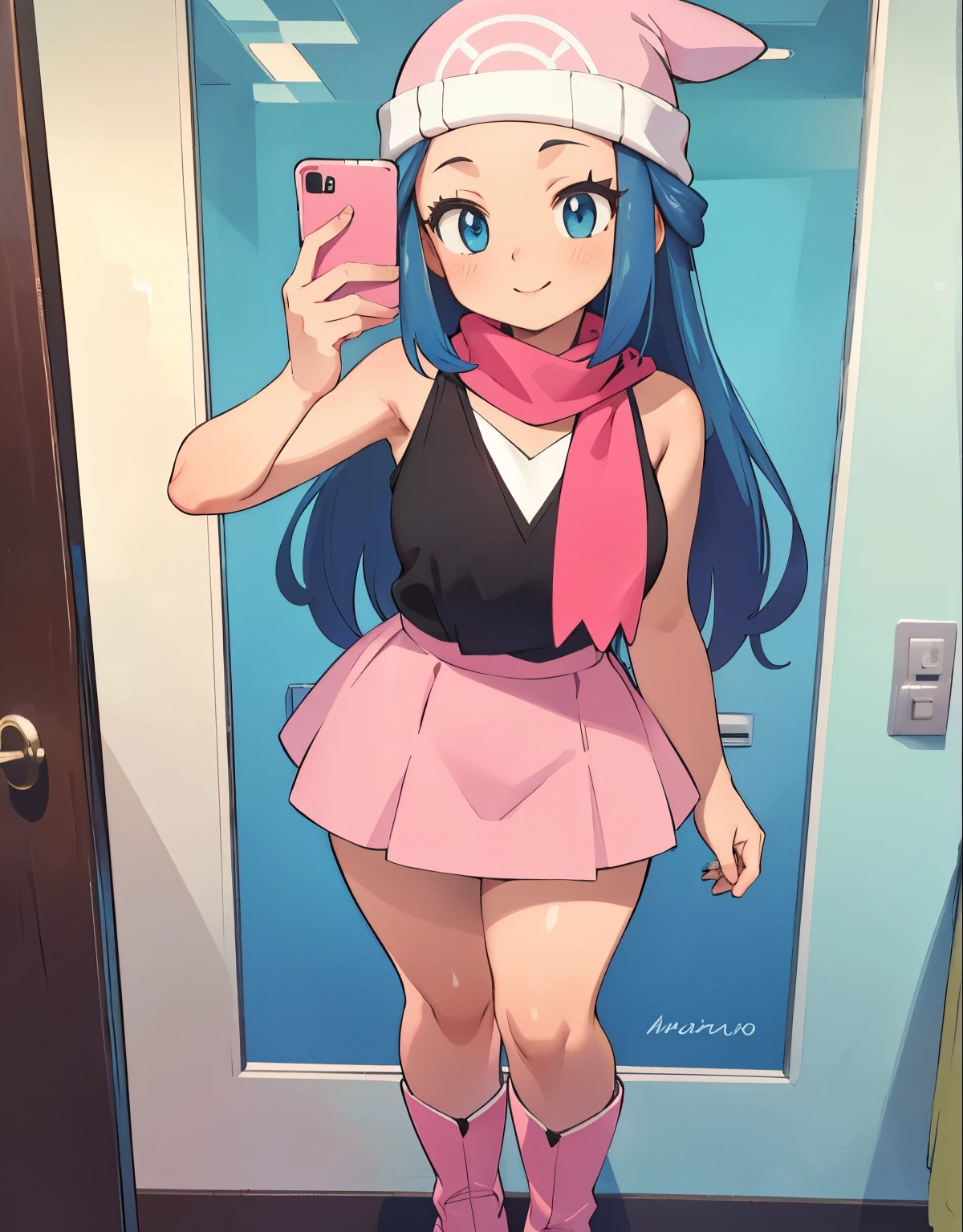 (best quality,4k,8k,highres,masterpiece:1.2),ultra-detailed,(realistic,photorealistic,photo-realistic:1.37)highres,portrait,beautiful girl,taking a selfie in a public bathroom mirror, full body,glossy reflection,\(pokemon\), beanie, long hair, blue hair, blue eyes, detailed eyes, beautiful eyes, black sleeveless shirt, pink scarf, pink skirt, pink boots, body shape, chubby thighs, down blouse,curious look, pokeballs, smile, encanto femenino,[metallic mirror],vibrant colors,soft lighting,hint of mystery,subtle smile,stylish outfit,impressive attention to facial details,expressive eyes,luscious lips,long eyelashes,shiny hair flowing down,urban backdrop,modern ambiance