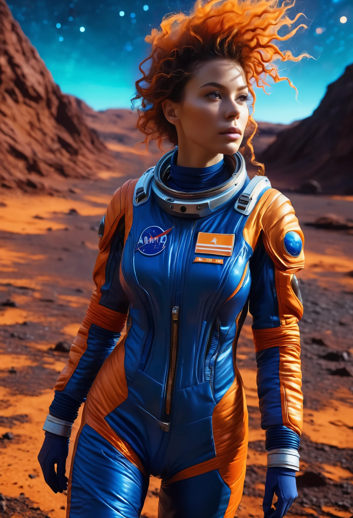 ultra-detailed, realistic:1.37, beautiful woman, wild hair, blue and orange space suit, walking on the surface of a strange planet, portrait, sci-fi, vivid colors, alien landscape, colorful lighting