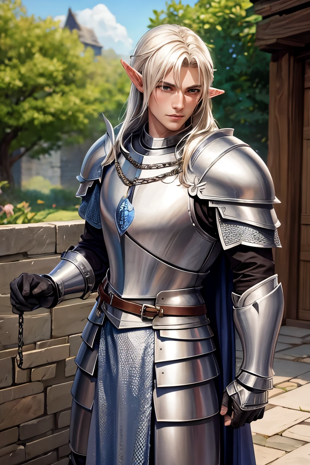 half-elf male knight in chain mail armor