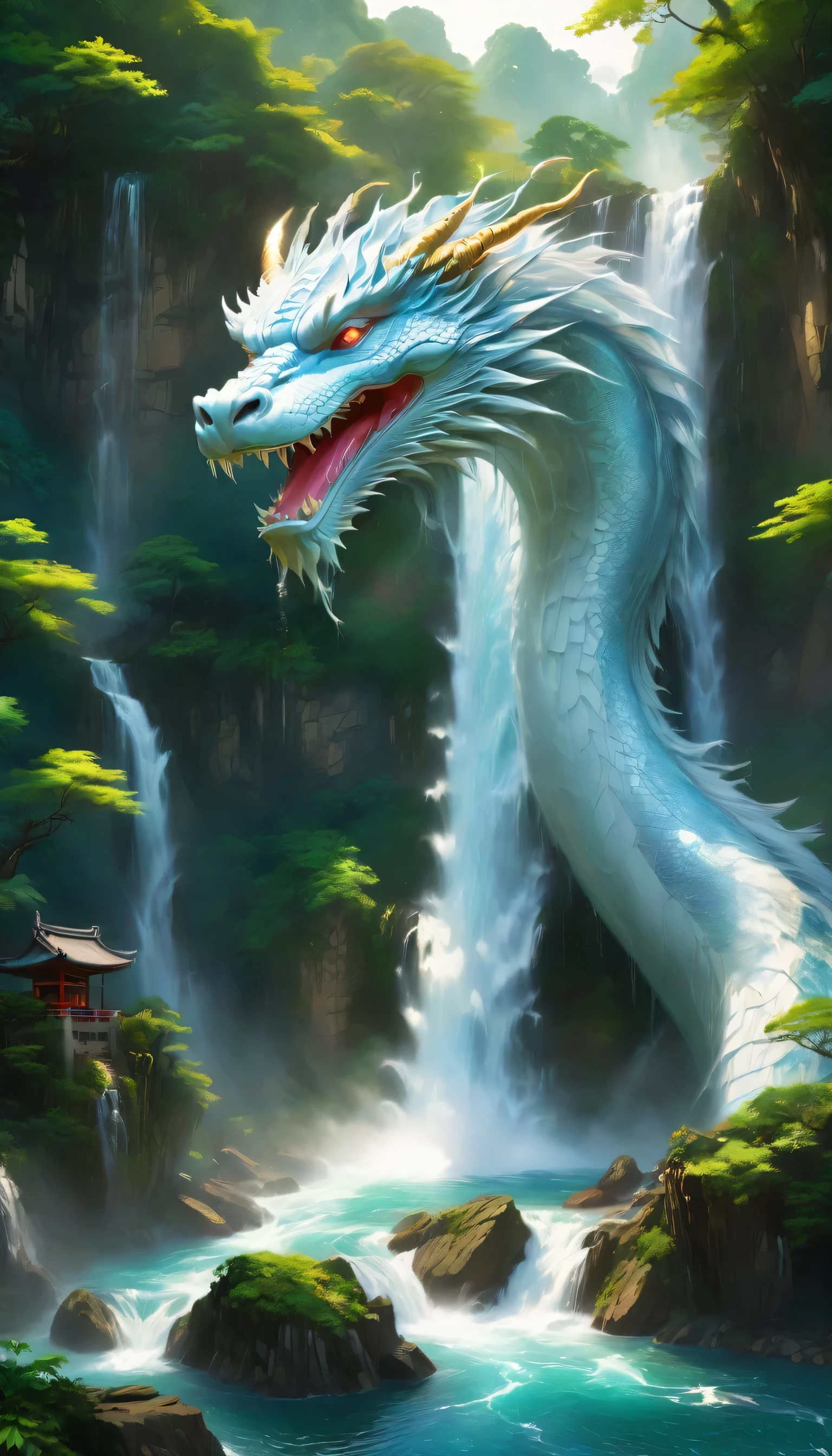 Draw a waterfall where the dragon god lives,Ryujin only showing his face from the basin of the waterfall,white dragon,huge waterfall,waterfall close-up,big waterfall,abundant amount of water,tall waterfalls,dynamic,fantasy,Nice views,Lush,beautiful sky,hydrogen ion,light effect,highest quality,masterpiece,beautiful,splash of water,Pure water,Sparkling,beautiful light and shadow,fantasy,digital art,Japanese painting elements,ink painting elements