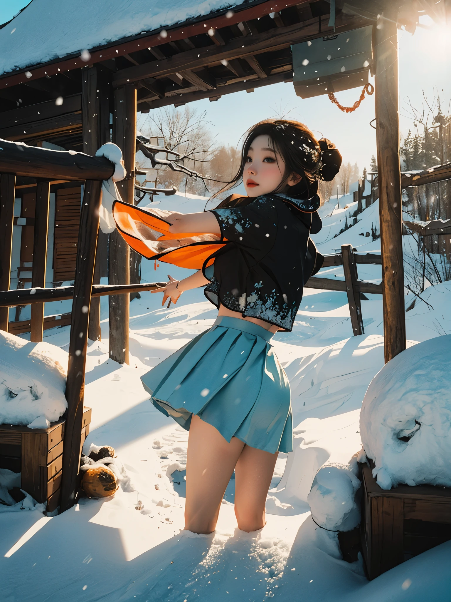 1girll，Tang dynasty skirt 1.3，Turquoise，Soft Light 1.3，Backlight 1.3，Light and shadow 1.3，Light color 1.3，（Snow-white skin 1.3）