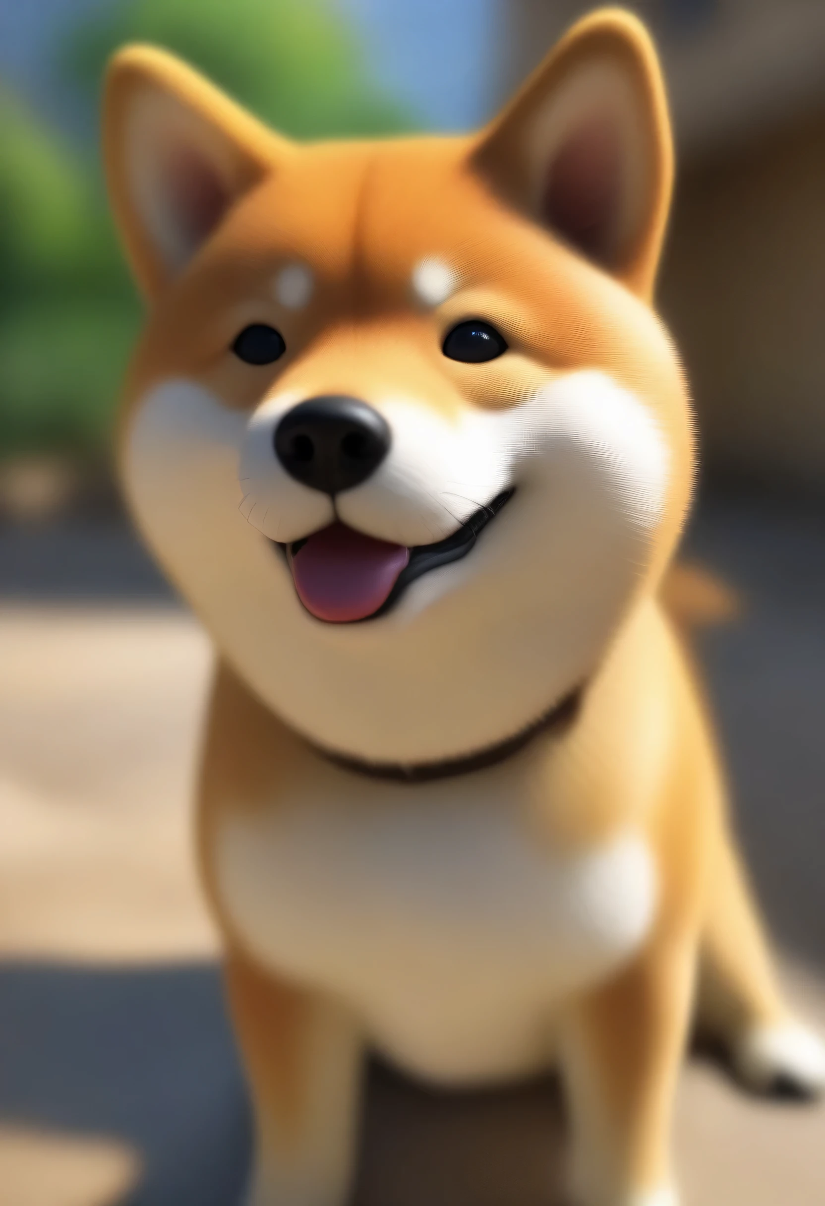A cute smiling Shiba Inu greets viewers, Art by Pierre-Auguste Renoir and Jérémie Mann, (Viewpoint angle:1.2), Realistic, Ray tracing, Beautiful lighting,masterpiece