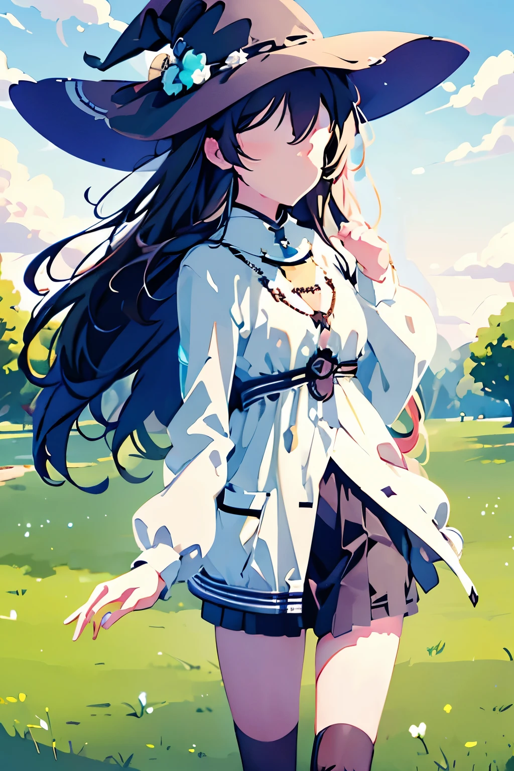 A girl with long silver hair wearing a witch hat stands alone in an outdoor scene. The sky is filled with fluffy clouds, creating a beautiful backdrop. The girl's hair is intricately detailed, flowing freely in the gentle breeze. Her witch hat is adorned with intricate patterns and adds a touch of mystery to her appearance. The sky above is a vibrant shade of blue, with scattered clouds creating a dreamy atmosphere. The day is bright and sunny, casting a warm glow on the surroundings. As the girl gazes upwards, she is captivated by the sight of a crescent moon visible amidst the daylight. A bird flies gracefully across the sky, adding to the sense of tranquility. This artwork is a masterpiece, with ultra-detailed features that bring the scene to life. The artwork showcases the beauty of nature and the enchantment of the witch's world.