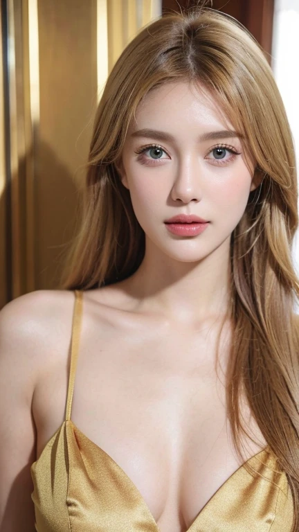 "A stunning girl, with golden blonde hair and captivating eyes, poses in a solo portrait, bare-shouldered and gazing at the viewer. The photograph, a masterpiece in high definition, highlights every facial feature and curve with unparalleled detail. She exudes elegance and beauty, making it a high-quality, captivating image."