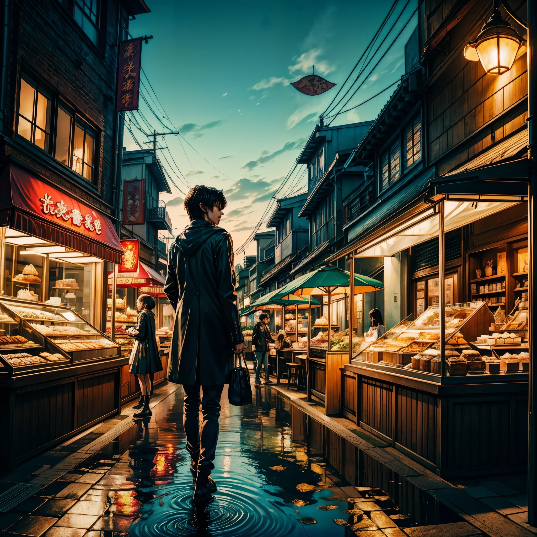 City flower shop, potted plants, flower, rainny night,water reflection puddle,oriental design, hanging lights , digital painting, sunset,wind up,concept art, illustration, intricate, many people, hanging lights, happy, beautiful colorful light, flower, plants ((tileset)) Anime - City street style scene, a woman waiting in front of a store, anime background art, detailed scenery - width 672, anime landscape concept art, anime style cityscape, Studio Ghibli anime style, Studio Ghibli art style, Studio Ghibli program, anime landscape, Studio Ghibli art style, Landscape artwork, Beautiful anime landscape, Forest city street, Ghibli art style, cake shop, cake shop, bakery cake shop, Makoto Shinkai style, Makoto Shinkai anime, Shinkai Makoto art style, insanely detailed, ((tmasterpiece)), absurdres, HDR, UHD, varied multi etc. --v6 --s1000 --c20 --q5 --chaos100