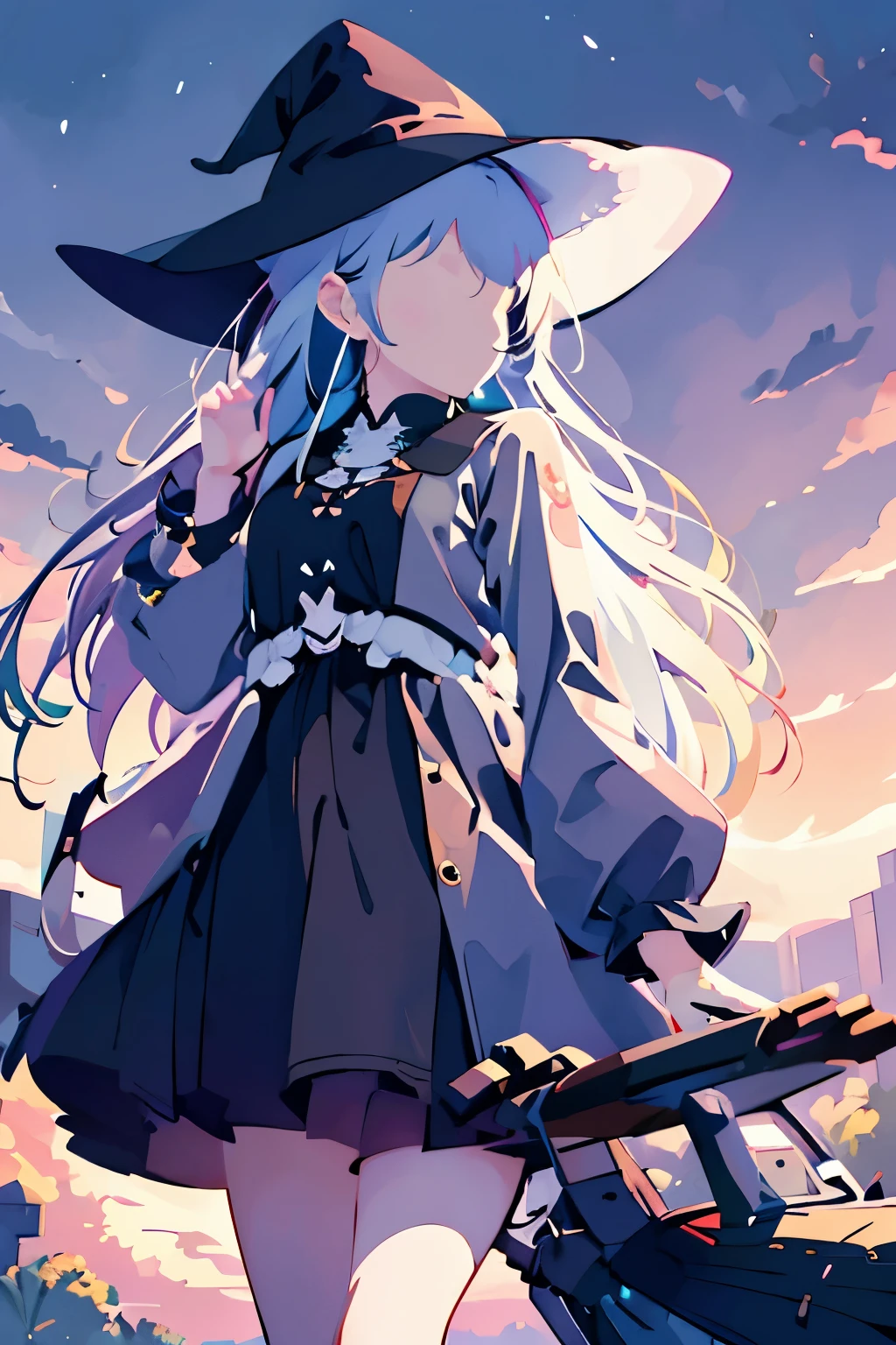 A girl with long silver hair wearing a witch hat stands alone in an outdoor scene. The sky is filled with fluffy clouds, creating a beautiful backdrop. The girl's hair is intricately detailed, flowing freely in the gentle breeze. Her witch hat is adorned with intricate patterns and adds a touch of mystery to her appearance. The sky above is a vibrant shade of blue, with scattered clouds creating a dreamy atmosphere. The day is bright and sunny, casting a warm glow on the surroundings. As the girl gazes upwards, she is captivated by the sight of a crescent moon visible amidst the daylight. A bird flies gracefully across the sky, adding to the sense of tranquility. This artwork is a masterpiece, with ultra-detailed features that bring the scene to life. The artwork showcases the beauty of nature and the enchantment of the witch's world.