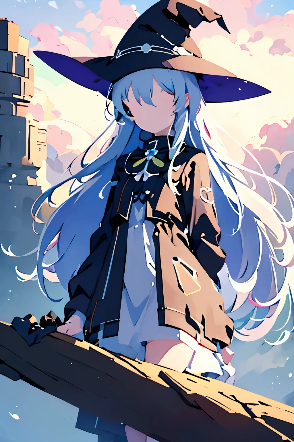 A girl with long silver hair wearing a witch hat stands alone in an outdoor scene. The sky is filled with fluffy clouds, creating a beautiful backdrop. The girl's hair is intricately detailed, flowing freely in the gentle breeze. Her witch hat is adorned with intricate patterns and adds a touch of mystery to her appearance. The sky above is a vibrant shade of blue, with scattered clouds creating a dreamy atmosphere. The day is bright and sunny, casting a warm glow on the surroundings. As the girl gazes upwards, she is captivated by the sight of a crescent moon visible amidst the daylight. A bird flies gracefully across the sky, adding to the sense of tranquility. This artwork is a masterpiece, with ultra-detailed features that bring the scene to life. The artwork showcases the beauty of nature and the enchantment of the witch's world.