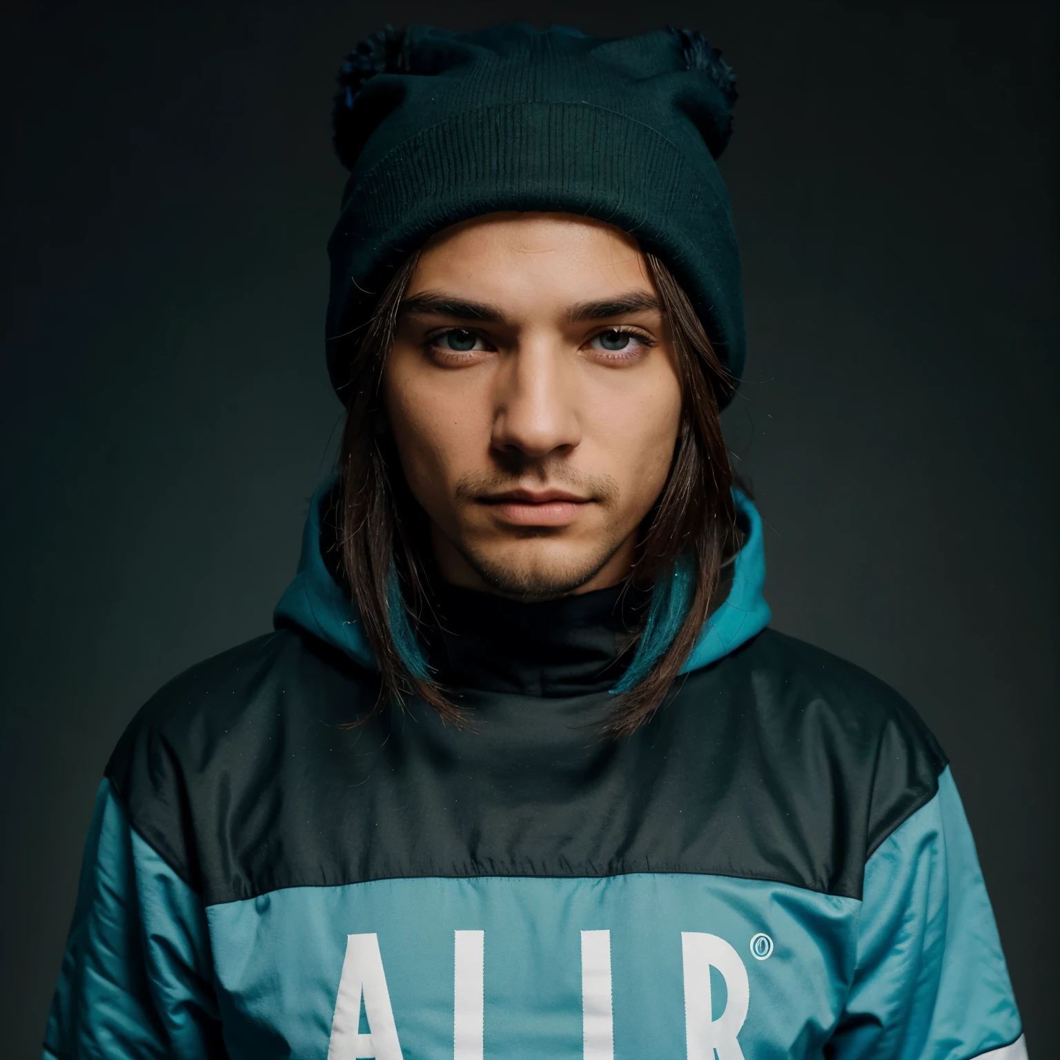 Hombre alto blanco, pelinegro con cabello mediano, ojos color azul oscuro, con un gorro rojo y una sudadera verde