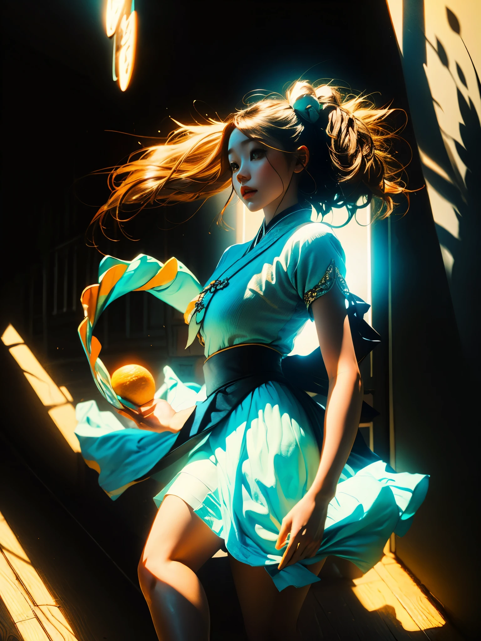 1girll,Tang dynasty skirt 1.3,Turquoise,Soft Light 1.3,Backlight 1.3,Light and shadow 1.3,Light color 1.3