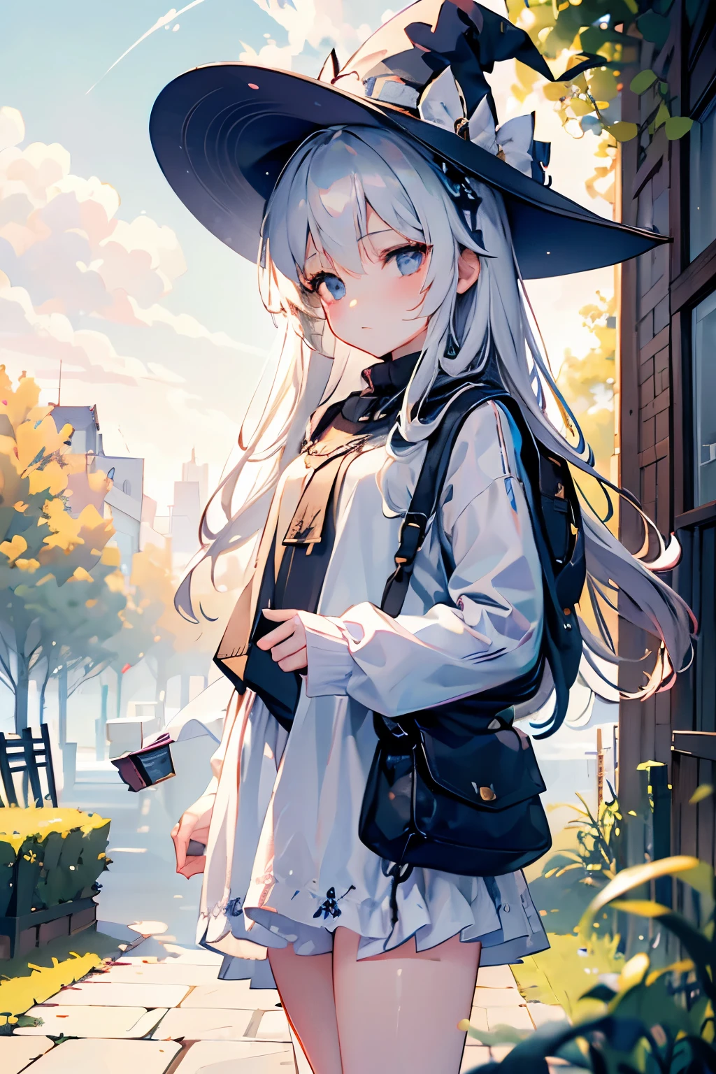 A girl with long silver hair wearing a witch hat stands alone in an outdoor scene. The sky is filled with fluffy clouds, creating a beautiful backdrop. The girl's hair is intricately detailed, flowing freely in the gentle breeze. Her witch hat is adorned with intricate patterns and adds a touch of mystery to her appearance. The sky above is a vibrant shade of blue, with scattered clouds creating a dreamy atmosphere. The day is bright and sunny, casting a warm glow on the surroundings. As the girl gazes upwards, she is captivated by the sight of a crescent moon visible amidst the daylight. A bird flies gracefully across the sky, adding to the sense of tranquility. This artwork is a masterpiece, with ultra-detailed features that bring the scene to life. The artwork showcases the beauty of nature and the enchantment of the witch's world.