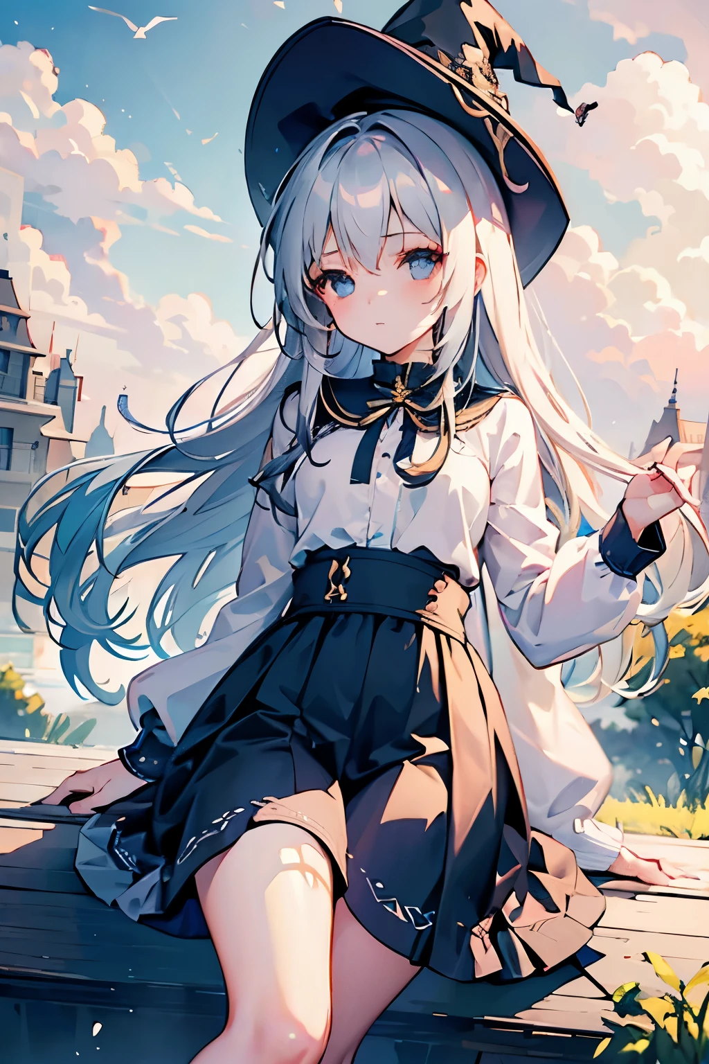 A girl with long silver hair wearing a witch hat stands alone in an outdoor scene. The sky is filled with fluffy clouds, creating a beautiful backdrop. The girl's hair is intricately detailed, flowing freely in the gentle breeze. Her witch hat is adorned with intricate patterns and adds a touch of mystery to her appearance. The sky above is a vibrant shade of blue, with scattered clouds creating a dreamy atmosphere. The day is bright and sunny, casting a warm glow on the surroundings. As the girl gazes upwards, she is captivated by the sight of a crescent moon visible amidst the daylight. A bird flies gracefully across the sky, adding to the sense of tranquility. This artwork is a masterpiece, with ultra-detailed features that bring the scene to life. The artwork showcases the beauty of nature and the enchantment of the witch's world.