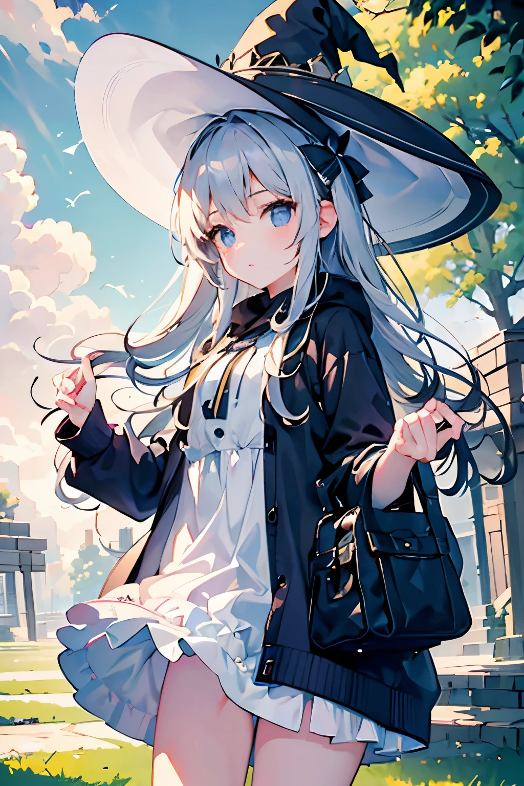 A girl with long silver hair wearing a witch hat stands alone in an outdoor scene. The sky is filled with fluffy clouds, creating a beautiful backdrop. The girl's hair is intricately detailed, flowing freely in the gentle breeze. Her witch hat is adorned with intricate patterns and adds a touch of mystery to her appearance. The sky above is a vibrant shade of blue, with scattered clouds creating a dreamy atmosphere. The day is bright and sunny, casting a warm glow on the surroundings. As the girl gazes upwards, she is captivated by the sight of a crescent moon visible amidst the daylight. A bird flies gracefully across the sky, adding to the sense of tranquility. This artwork is a masterpiece, with ultra-detailed features that bring the scene to life. The artwork showcases the beauty of nature and the enchantment of the witch's world.