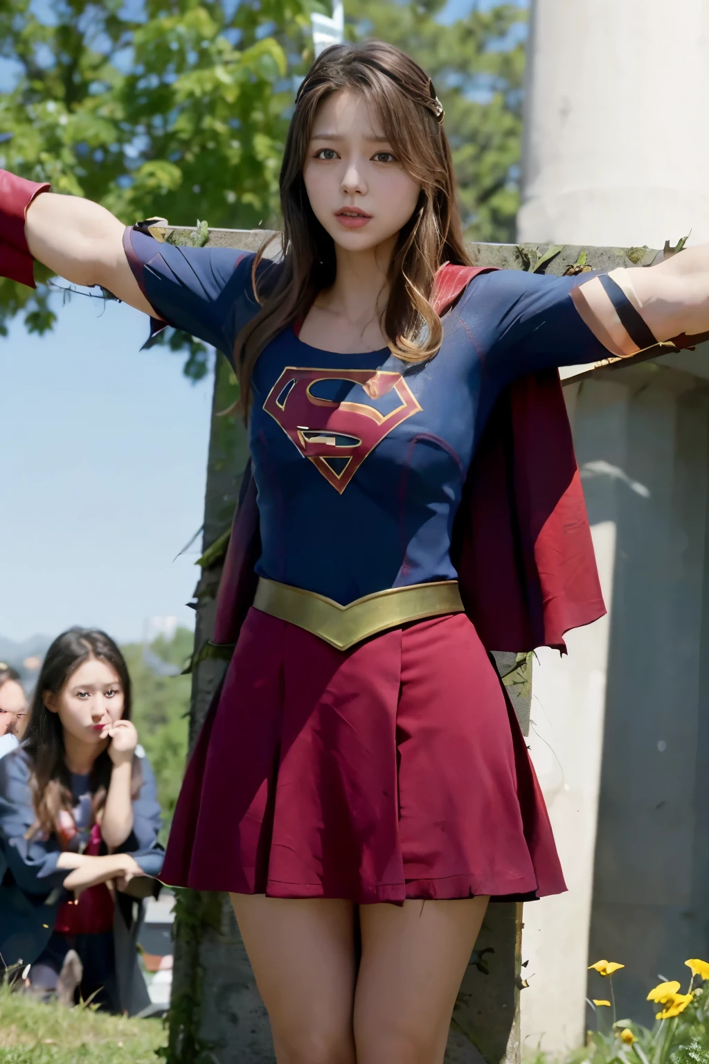 highest quality,masterpiece,UHD, Super detailed, 8K,(Beautiful woman),一人のBeautiful woman,((crucifixion)),(cross),(execution),((incontinence)),scared,torture,slave,((crossにcrucifixionにされた女性:1.5)),crucifixion刑,(supergirl),red skirt,((torn costume:1.2)),(tattered clothes),((Bruises on face and body)),Defeated heroine