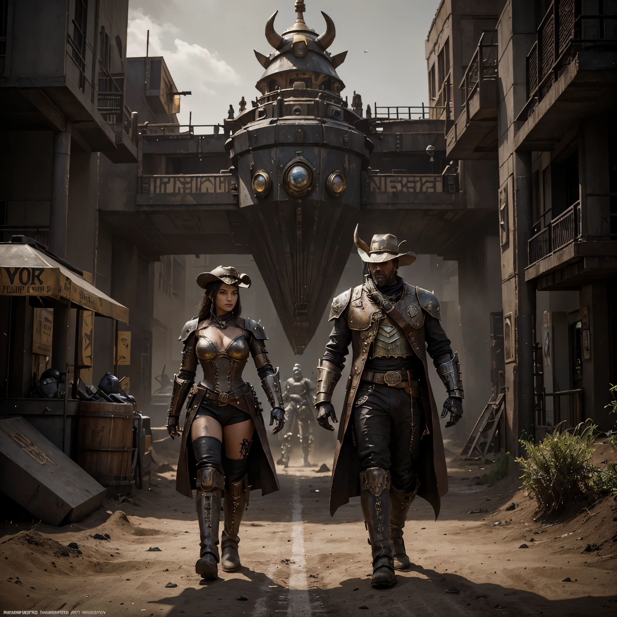arafed image of a man and a woman walking in front of a group of robots, grimdark steampunk fantasy, ps 4 in - game cinematic, character with a hat, a horned, wasteland, official splash art, “pig, the gunslinger, gray wasteland, swarm, heavy white and golden armor, sepia, official artwork, ox