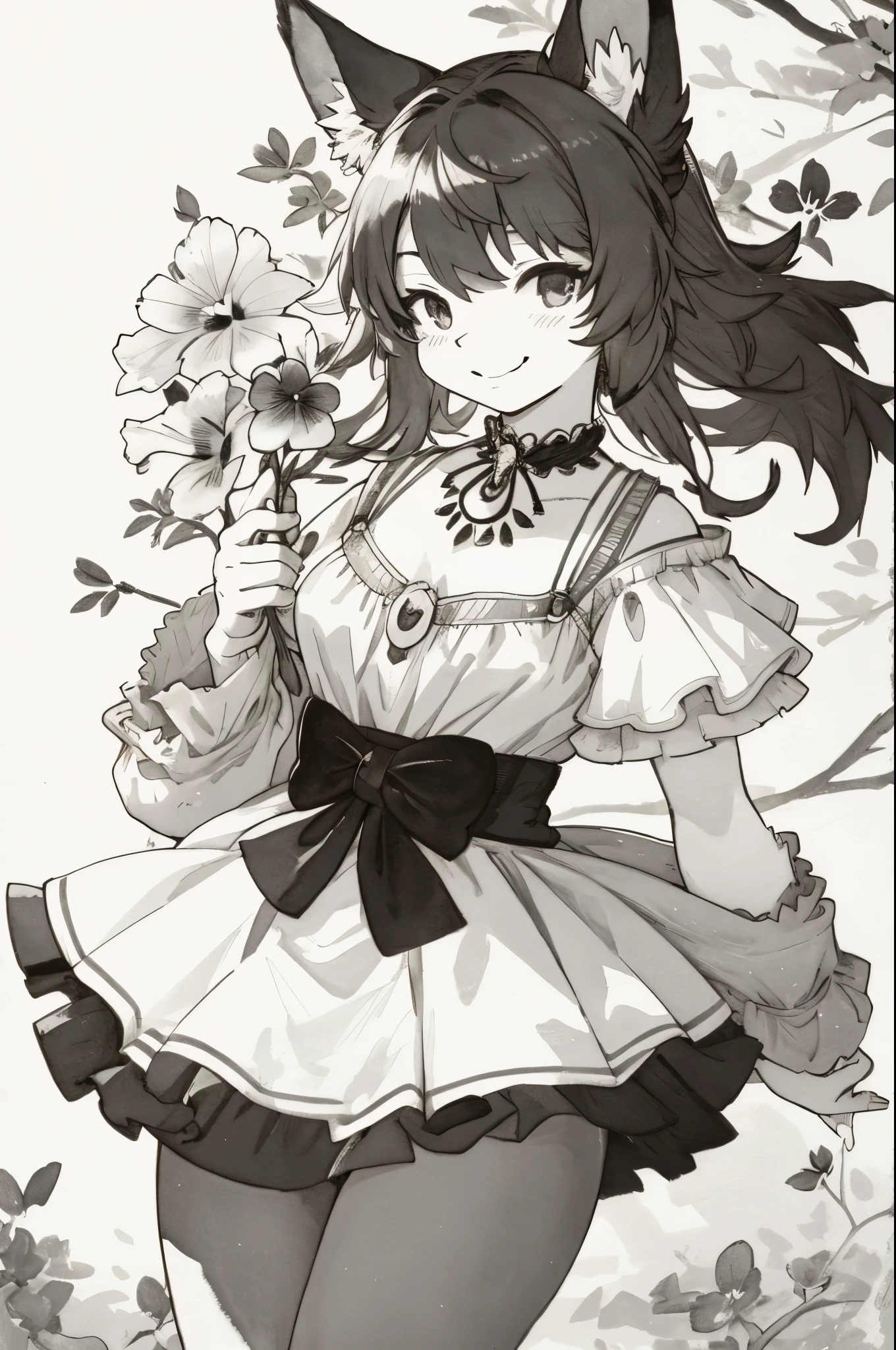 monochrome, watercolor, highres, top quality, best quality, paid reward available, High-quality illustrations, unparalleled masterpiece, perfect artwork, absurdres, 1girl, kemono, furry, detailed body fur, animal face, animal hand, Archaic Smile, holding a cluster of red pansy in both hands, which are positioned at chest level, She is wearing a simple ring on the ring finger of her left hand, unfocused spread of red pansy, fan-created work shared on platforms Pixiv or Twitter,