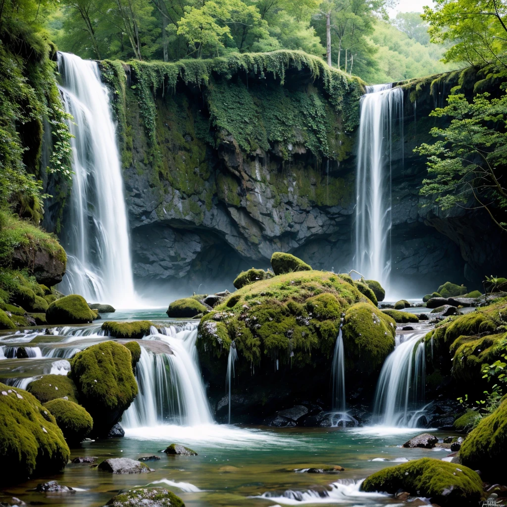 highres,realistic,waterfall,nature,beautiful,serene,lush greenery,misty,sunlight streaming through the trees,refreshing,majestic,roaring water,sparkling droplets,cascading,flowing river,white foamy waves,tranquil atmosphere,endless cascade of water,peaceful escape,natural wonder,tall cliffs,hidden oasis,serene pool at the base,colorful rainbow in the mist,fresh breeze,serene sounds of nature,harmonious blend of sights and sounds,vivid colors,gentle spray,cooling mist,dancing water,pristine beauty,magnificent view,fairy tale setting,enchanted forest,magical ambiance,harmony between water and nature,awe-inspiring,stunning view,harmonious blend of sights and sounds,mother nature's artwork