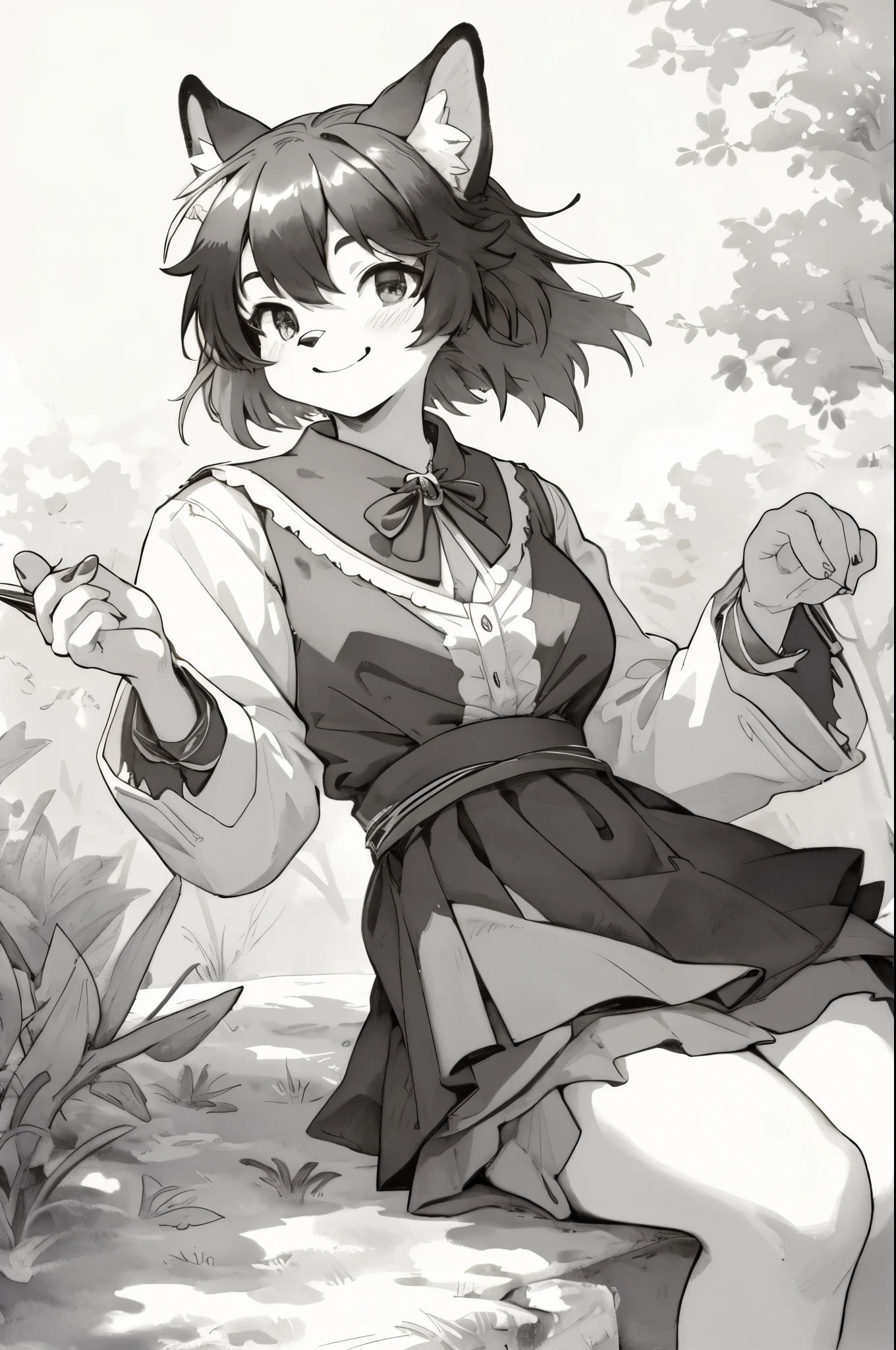 monochrome, watercolor, highres, top quality, best quality, paid reward available, High-quality illustrations, unparalleled masterpiece, perfect artwork, absurdres, 1girl, kemono, furry, detailed body fur, animal face, animal hand, Archaic Smile, holding a cluster of red pansy in both hands, which are positioned at chest level, She is wearing a simple ring on the ring finger of her left hand, unfocused spread of red pansy, fan-created work shared on platforms Pixiv or Twitter,