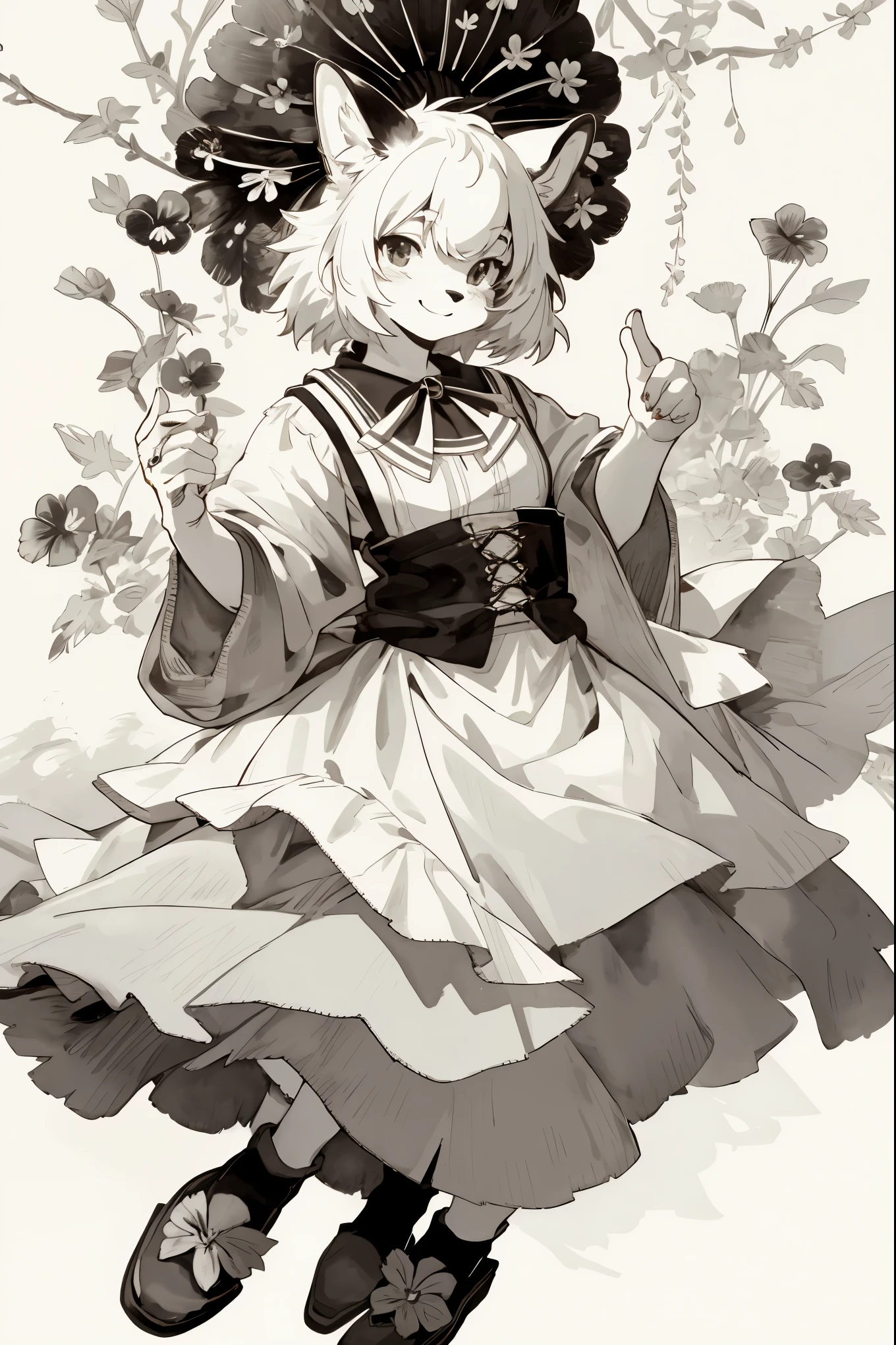monochrome, watercolor, highres, top quality, best quality, paid reward available, High-quality illustrations, unparalleled masterpiece, perfect artwork, absurdres, 1girl, kemono, furry, detailed body fur, animal face, animal hand, Archaic Smile, holding a cluster of red pansy in both hands, which are positioned at chest level, She is wearing a simple ring on the ring finger of her left hand, unfocused spread of red pansy, fan-created work shared on platforms Pixiv or Twitter,