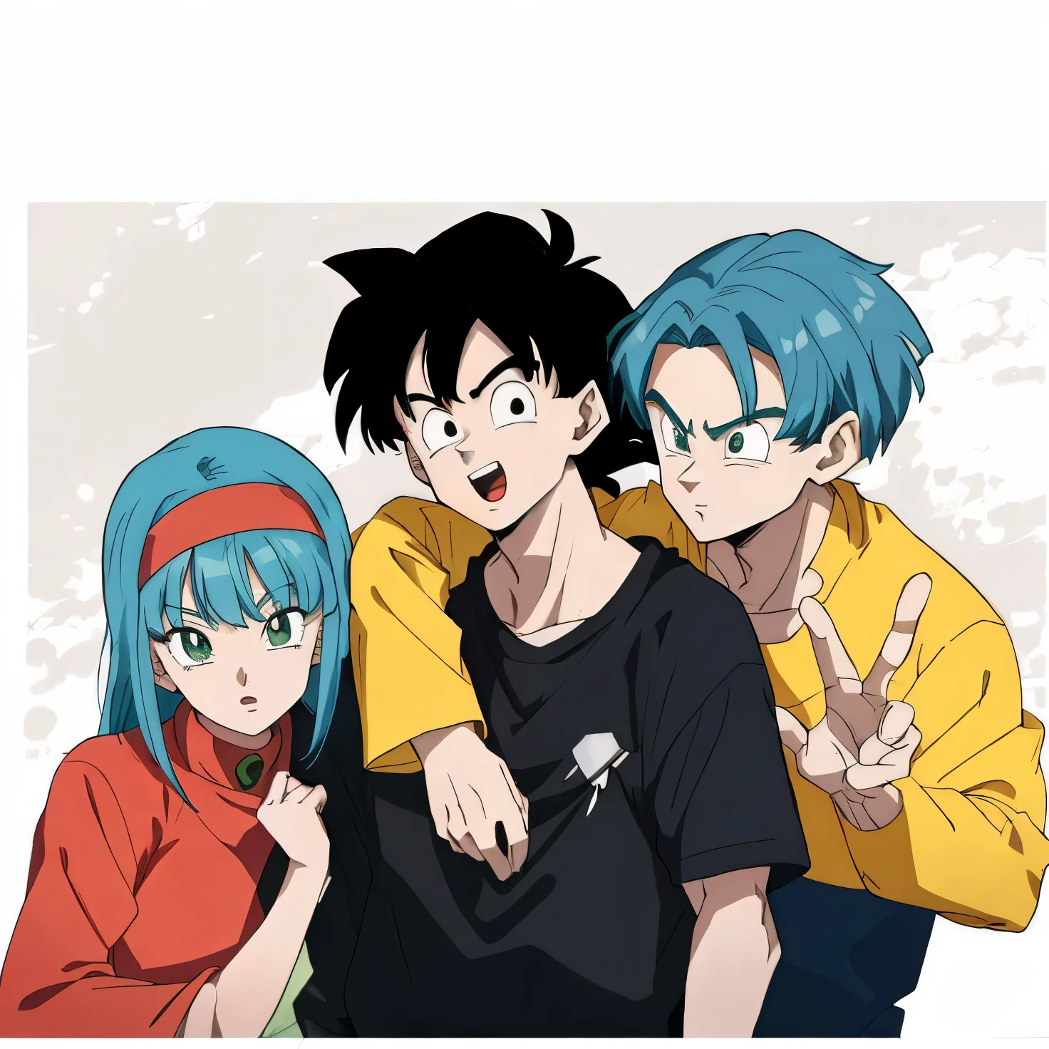 Three Dragon Ball characters posing for a photo, 1girl, 2men, beautiful girl with green hair, estilo Dragon Ball, corpo perfeito 