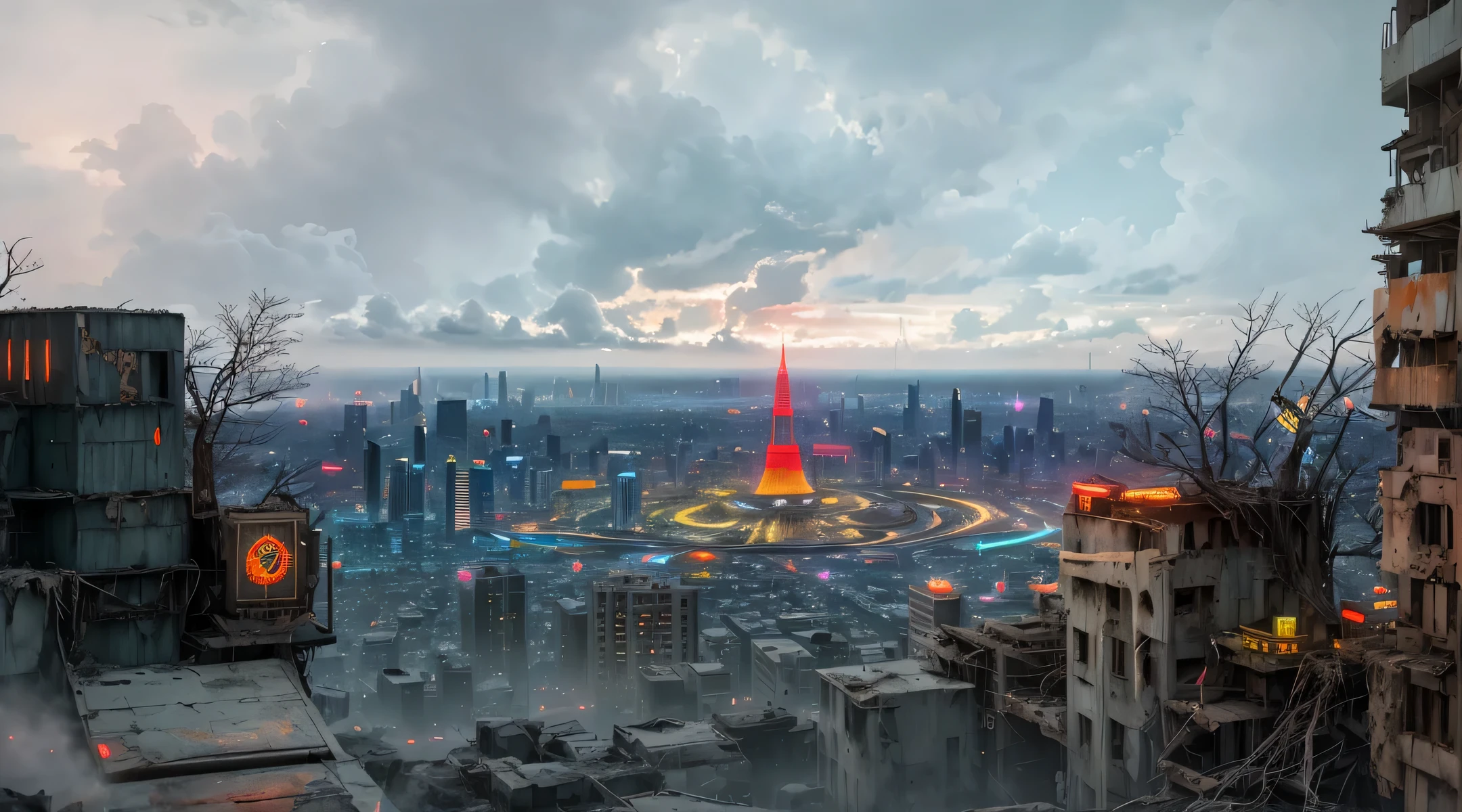 The painting depicts a surreal and futuristic landscape, A blend of awe-inspiring beauty and terror. The sky is deep, Pulsed red, The clouds seem to be alive，On the move. In the distance, Great city view view, towering skyscrapers, Neon lights, and a row of buildings. The city is illuminated by various colors and displays, Adds an overall feeling of awe and wonder.

Sin embargo, There is also a sense of horror in the picture. Buildings and structures appear to be in a state of decay and disrepair, Broken windows, Missing parts, and cracked facades. The city is vibrant, But there is a sense of confusion and unease, It seems that something is wrong.

In the foreground, There is a huge one, Sentient beings, With a distorted and inhuman appearance. Presence consists of wires, circuit, and mechanical parts, It seems to be coming out of the ground, As if rising from the depths of the earth. Its eyes glow with an intense, Red light, Its mouth opened, Rows of sharp sharpness are revealed, Metal teeth.

The background is shrouded in darkness, Only a few, Dim lights are visible in the distance. There is a sense of the unknown and uncertainty, As if the world beyond the cityscape is vast and wild.

The painting captures the essence of a surreal and futuristic world, A blend of awe-inspiring beauty and terror. The images are visually stunning, It shows the world in new and unusual eyes, A mix of the familiar and the unknown.

High detail RAW color art, animation, Cartoon, (white theme), (intricately details, Fine details, ultra - detailed), Ray traching, Subsurface scattering, ((pastel colour)), diffused soft lighting, Shallow depth of field, By (Oliver Wetter), author：Stanley Kubrick, shot on a Canon EOS R5, 28mm lens, f/2.8, Sharp focus bokeh