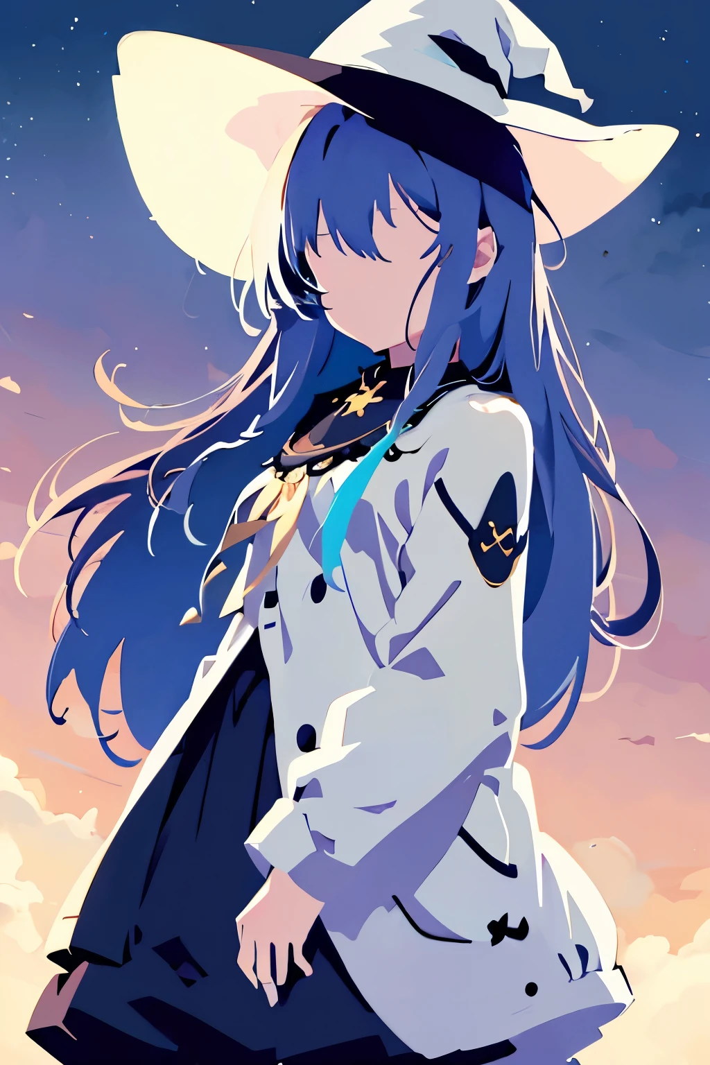 A girl with long silver hair wearing a witch hat stands alone in an outdoor scene. The sky is filled with fluffy clouds, creating a beautiful backdrop. The girl's hair is intricately detailed, flowing freely in the gentle breeze. Her witch hat is adorned with intricate patterns and adds a touch of mystery to her appearance. The sky above is a vibrant shade of blue, with scattered clouds creating a dreamy atmosphere. The day is bright and sunny, casting a warm glow on the surroundings. As the girl gazes upwards, she is captivated by the sight of a crescent moon visible amidst the daylight. A bird flies gracefully across the sky, adding to the sense of tranquility. This artwork is a masterpiece, with ultra-detailed features that bring the scene to life. The artwork showcases the beauty of nature and the enchantment of the witch's world.