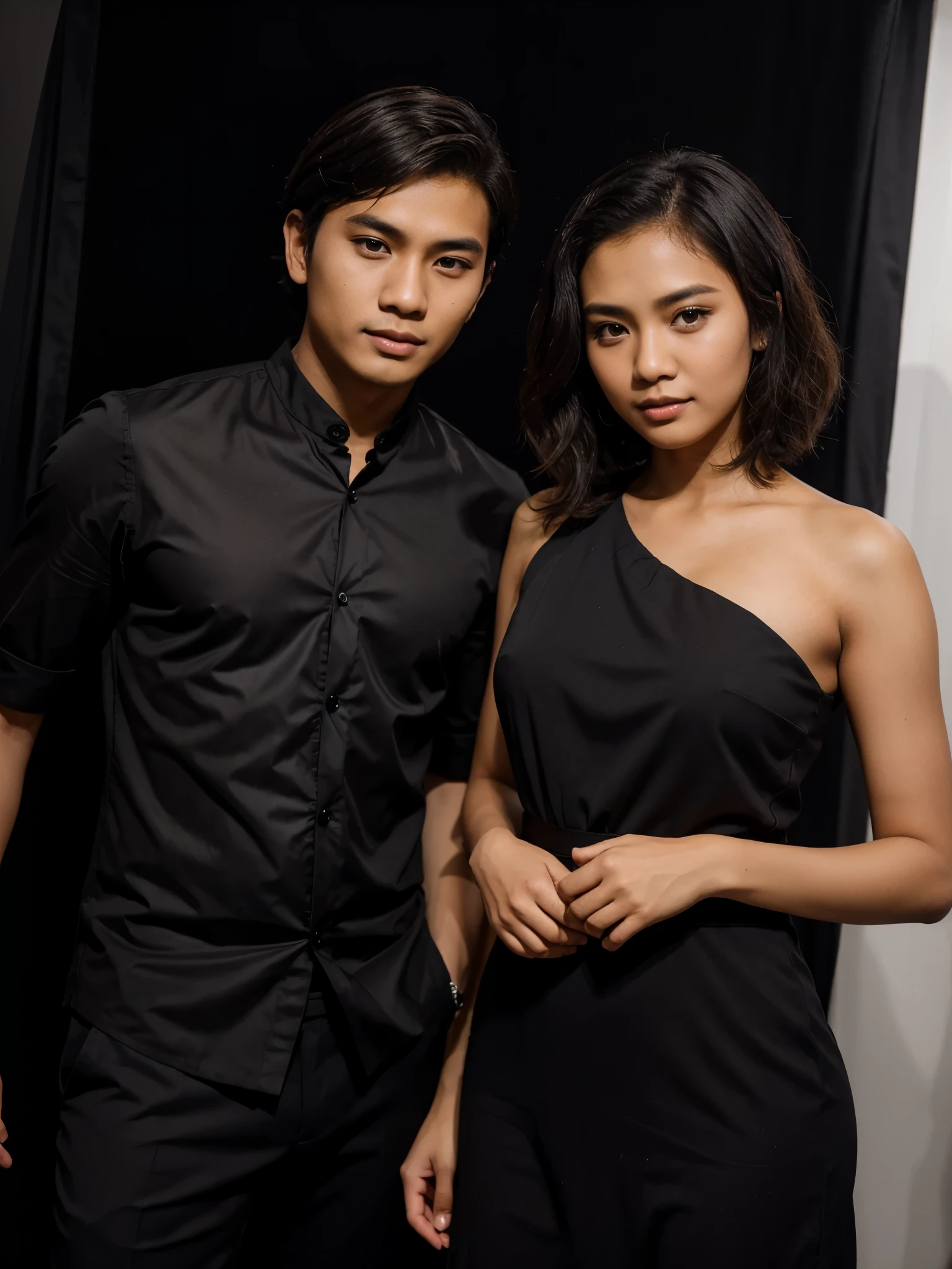 a handsome young Indonesian man with short hair, took a photo together with a beautiful young Indonesian woman with wavy hair dressed in elegant formal black. in a photo studio