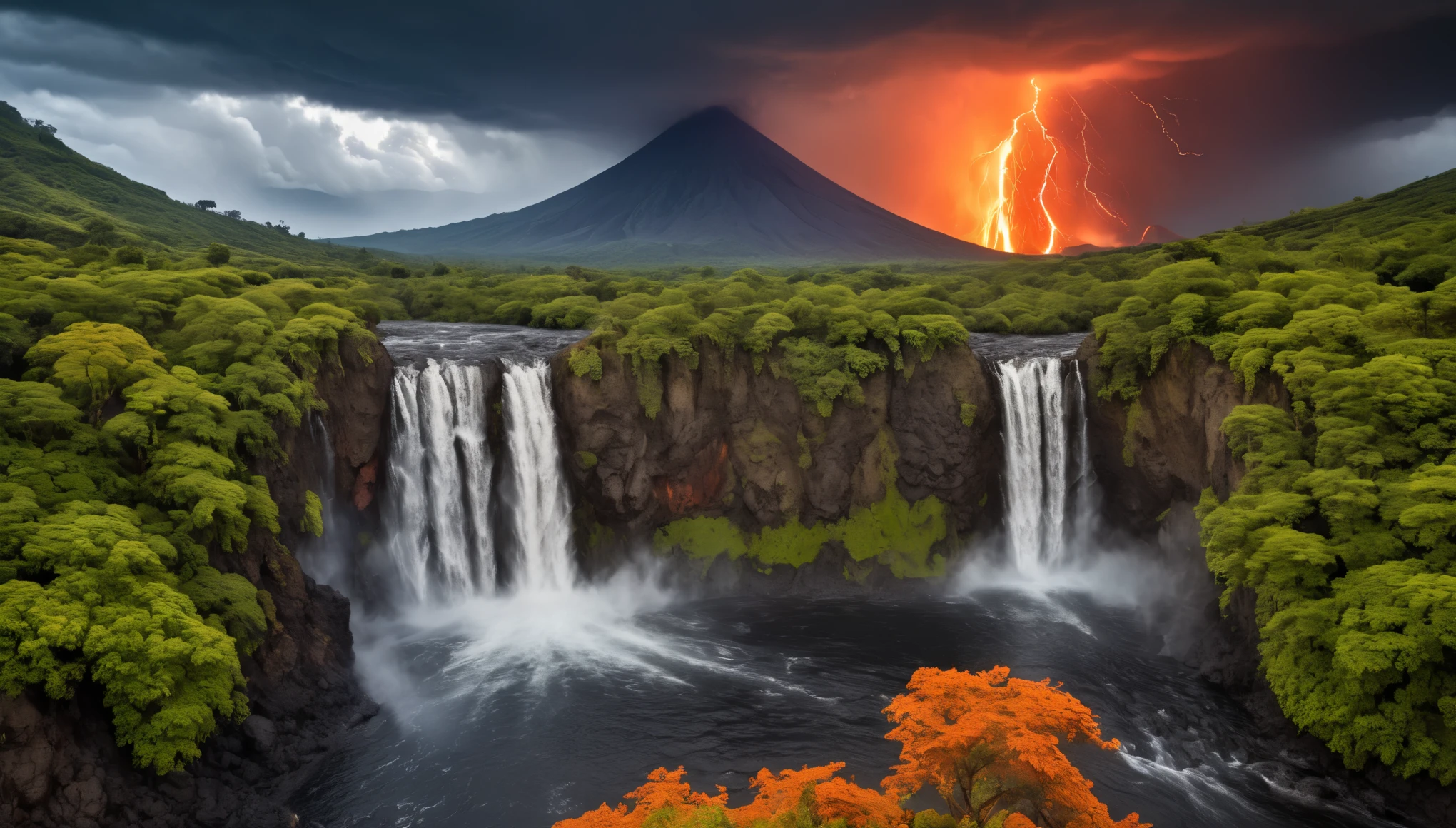 realistic photo, masterpiece, detailed, great and high waterfall, lava waterfall, magma river, volcano, fire, beautiful mountainous area, water vapor from a place where water mix with lava (magma), immersive background, cascading, trees, some dark clouds with lightning over volcano, beutiful landscape photography, hdr, raw photo,