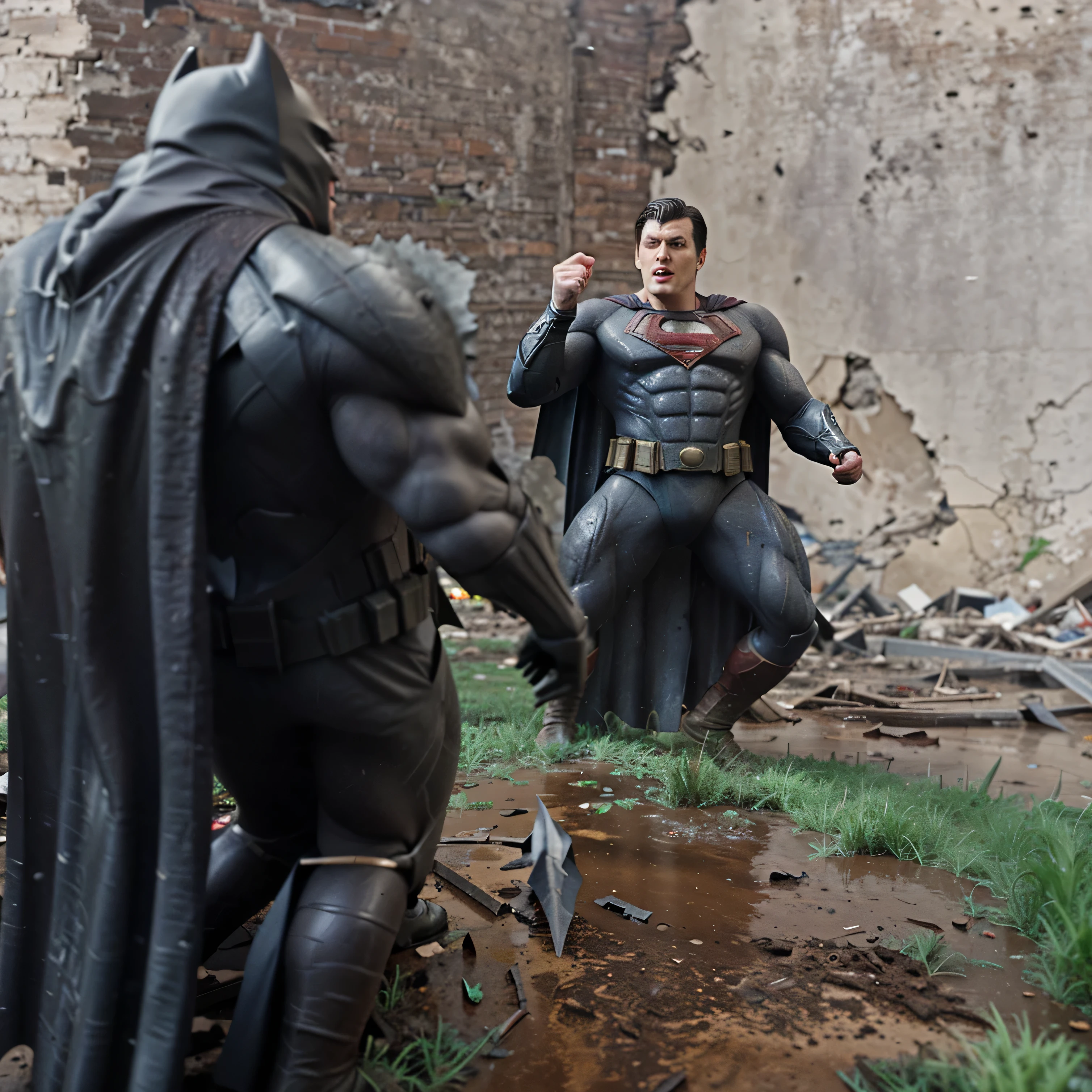 batman and superman, Superman versus Batman, clay and mud floor, grass on the ground, a destroyed building behind.