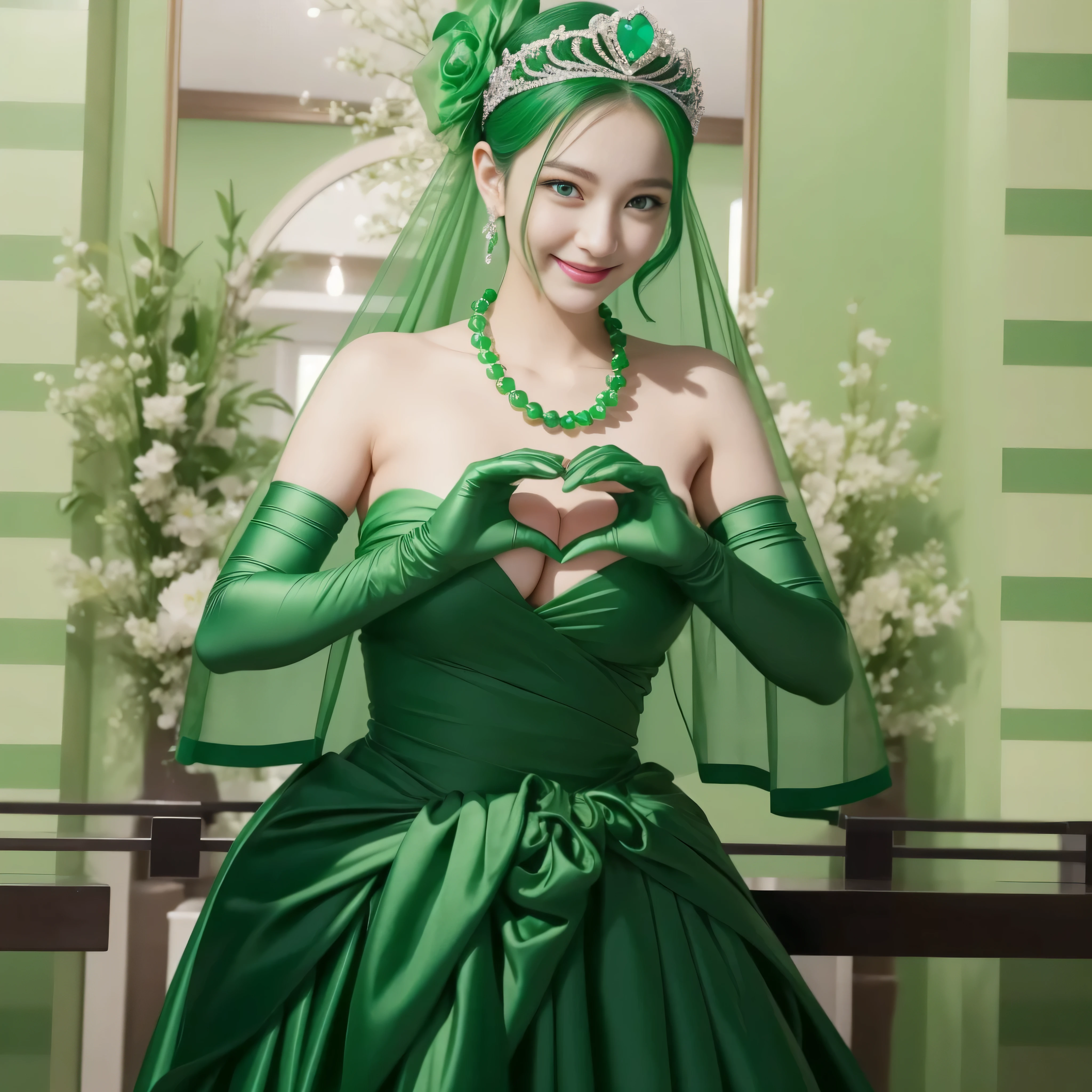 emerald tiara, Green Pearl Necklace, ボーイッシュな非常に短いgreen hair, green lips, smiling Japanese woman, very short hair, Beautiful woman with big breasts, green eyes, green satin long gloves, green eyes, emerald earrings, Green veil, Heart with both hands, green hair, beautiful japanese woman, heart shaped hands:1.3, green lip gloss