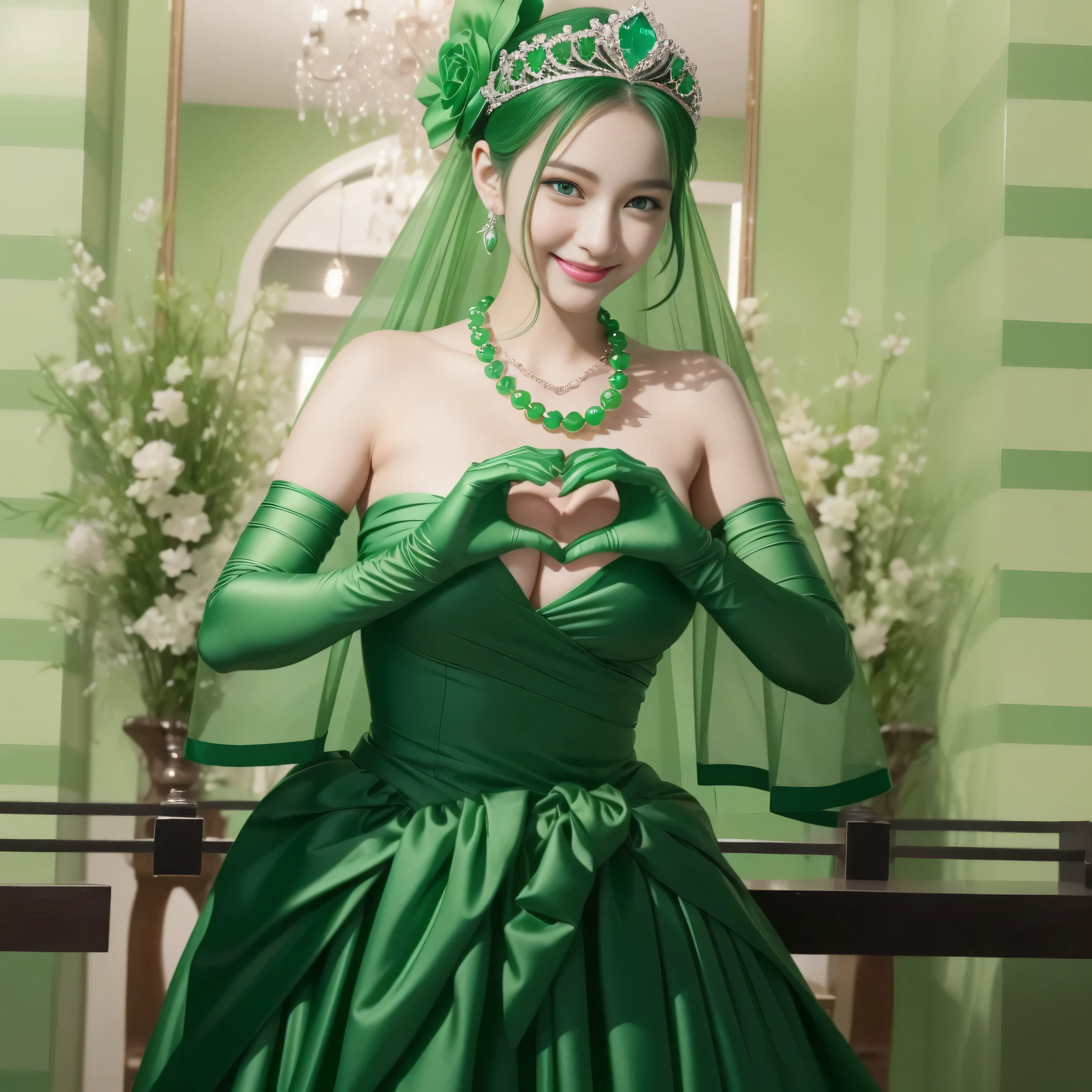 emerald tiara, Green Pearl Necklace, ボーイッシュな非常に短いgreen hair, green lips, smiling Japanese woman, very short hair, Beautiful woman with big breasts, green eyes, green satin long gloves, green eyes, emerald earrings, Green veil, Heart with both hands, green hair, beautiful japanese woman, heart shaped hands:1.3, green lip gloss