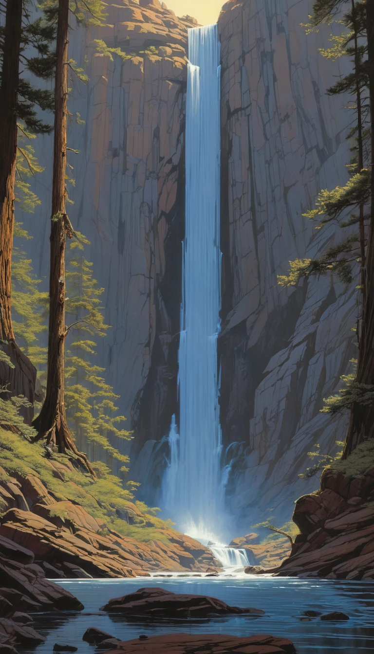 Waterfall by Ralph McQuarrie, best quality, masterpiece, Representative work, official art, Professional, Ultra intricate detailed, 8k