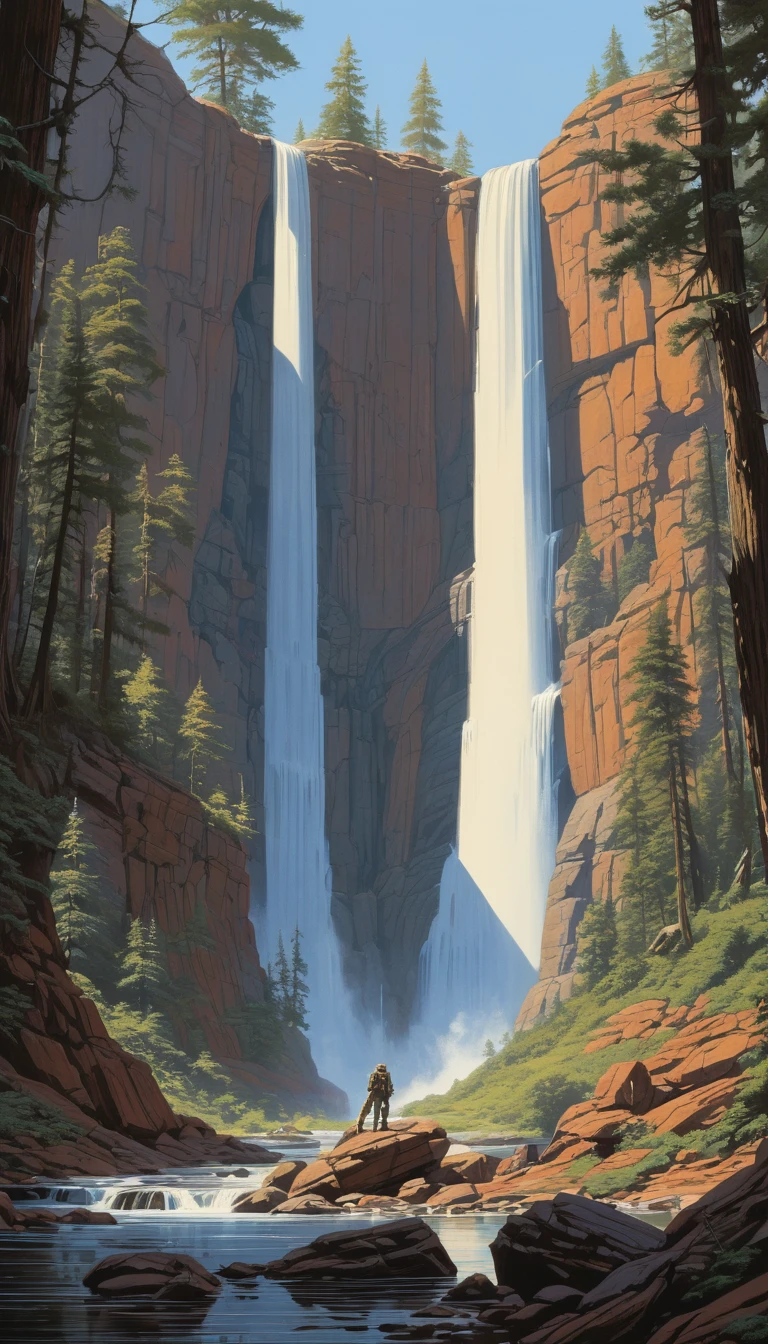 Waterfall by Eyvind Earle, best quality, masterpiece, Representative work, official art, Professional, Ultra intricate detailed, 8k