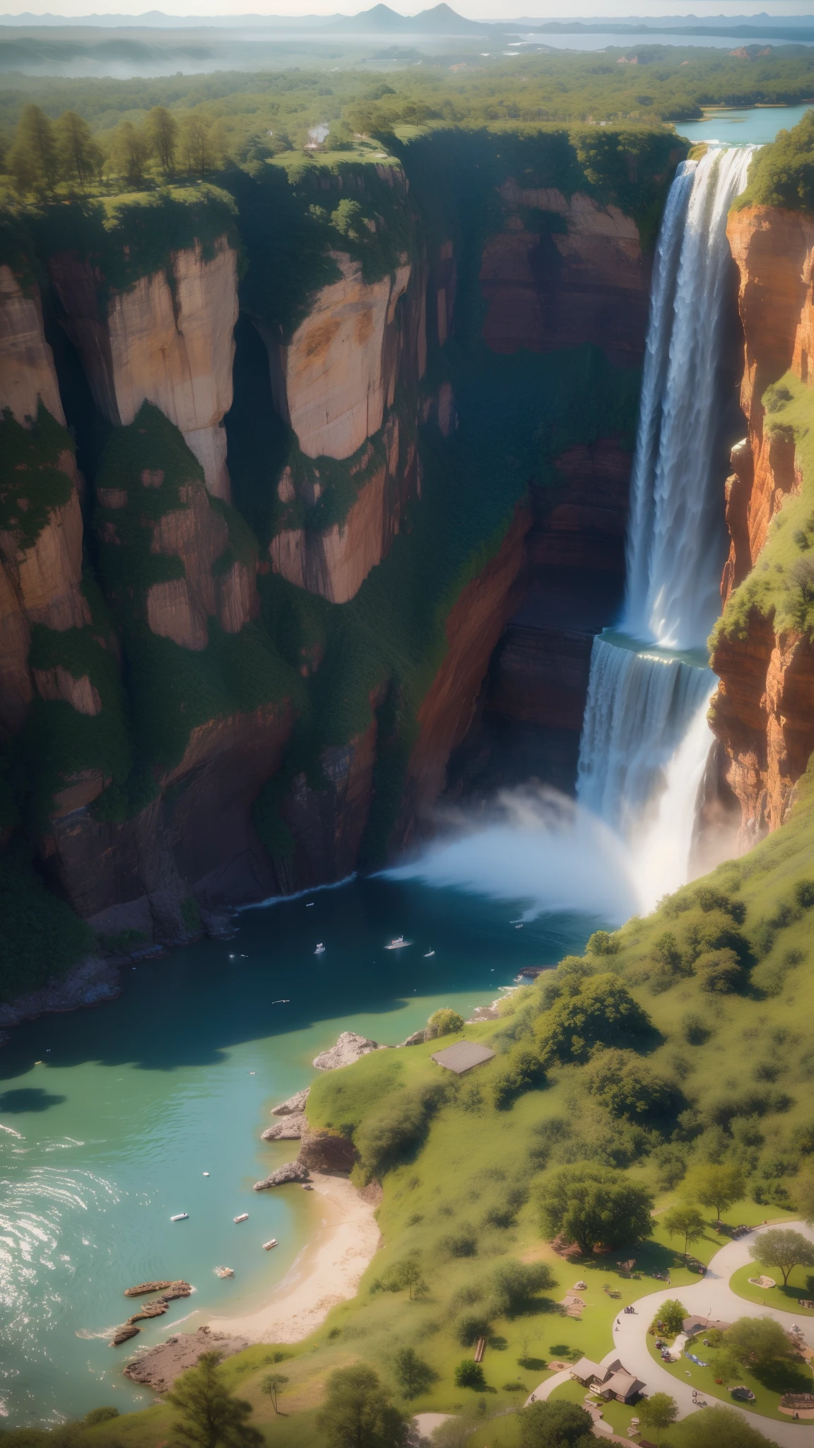 Aerial viewing angle，shrouded in mist，A huge waterfall on a towering mountain，Rising water vapor，rainbow，Sun glare spots，Realistic ray tracing，True light reflection，Real light refraction，Super fine，Super realistic，Super dreamy，Extreme portrayal，8k，masterpiece，