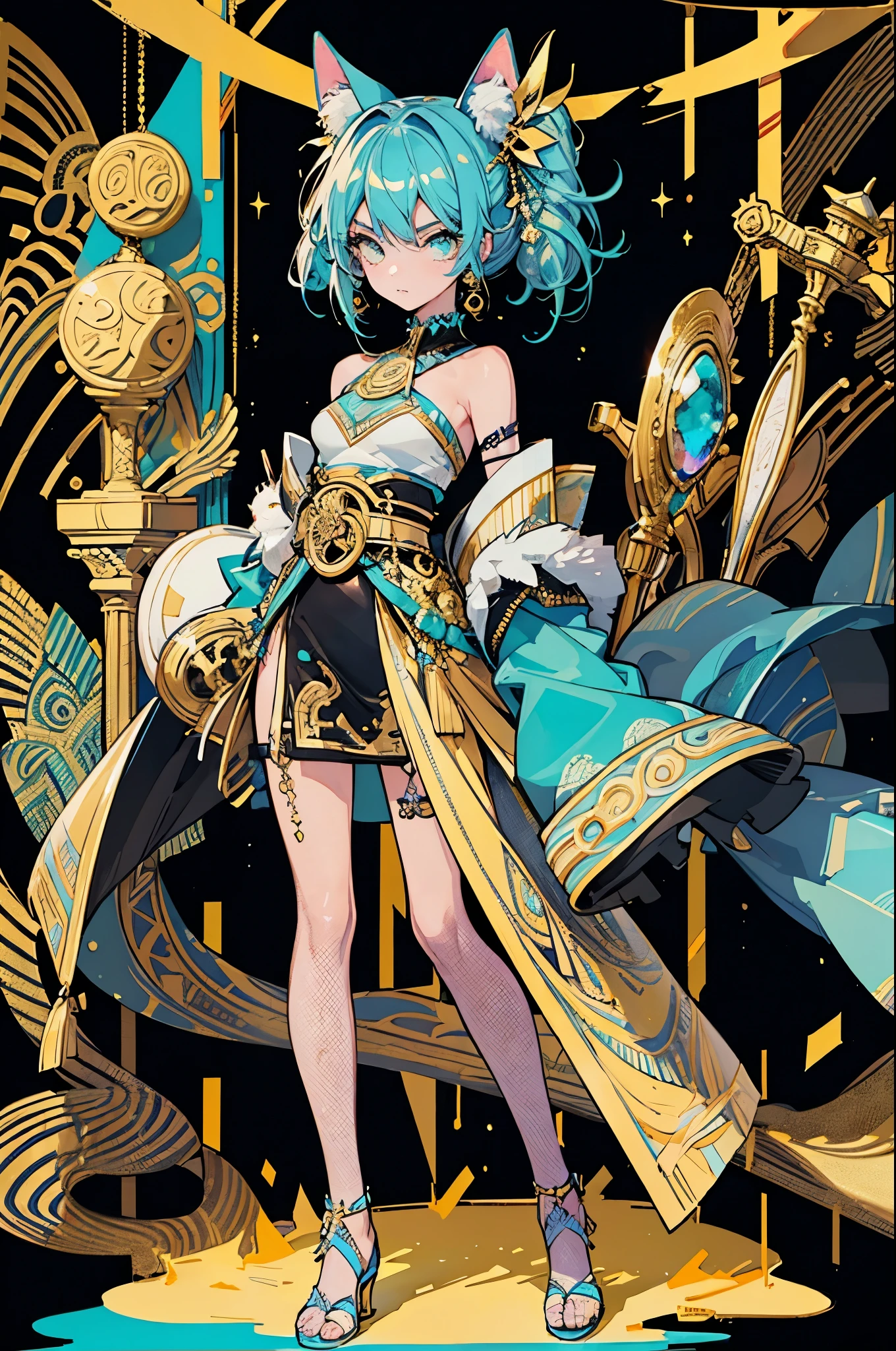 (((1girl, full body))),masterpiece, hyper detail. Stylish trendy animated illustrations with a touch of realism, fashion show runway. Dramatic new collections from high brands. A mix of trends and ancient Egyptian designs. Busted cat ears, sequins, glitter, glitters, gold and turquoise blue colors, flashy and high contrast lighting. With patterns somewhere between cartoon and semi-realistic,