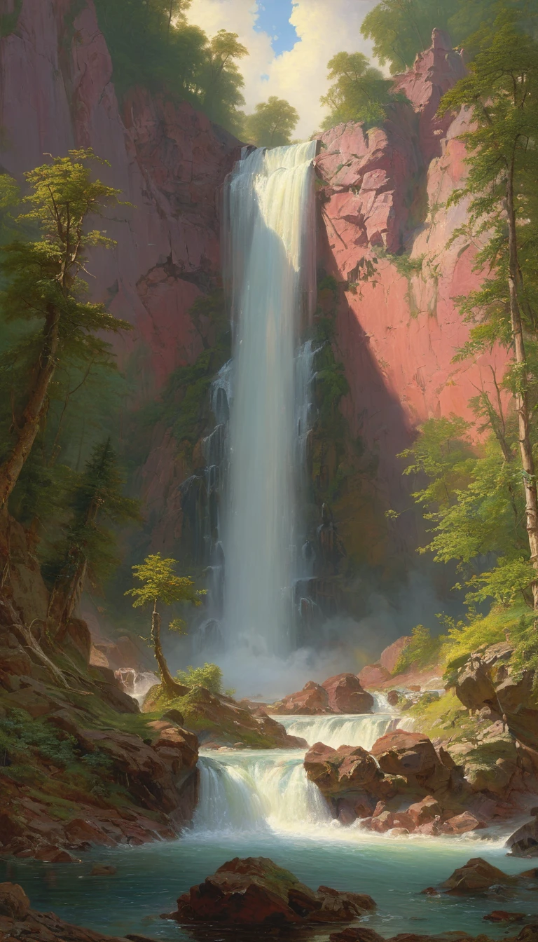 Waterfall by Eyvind Earle, best quality, masterpiece, Representative work, official art, Professional, Ultra intricate detailed, 8k
