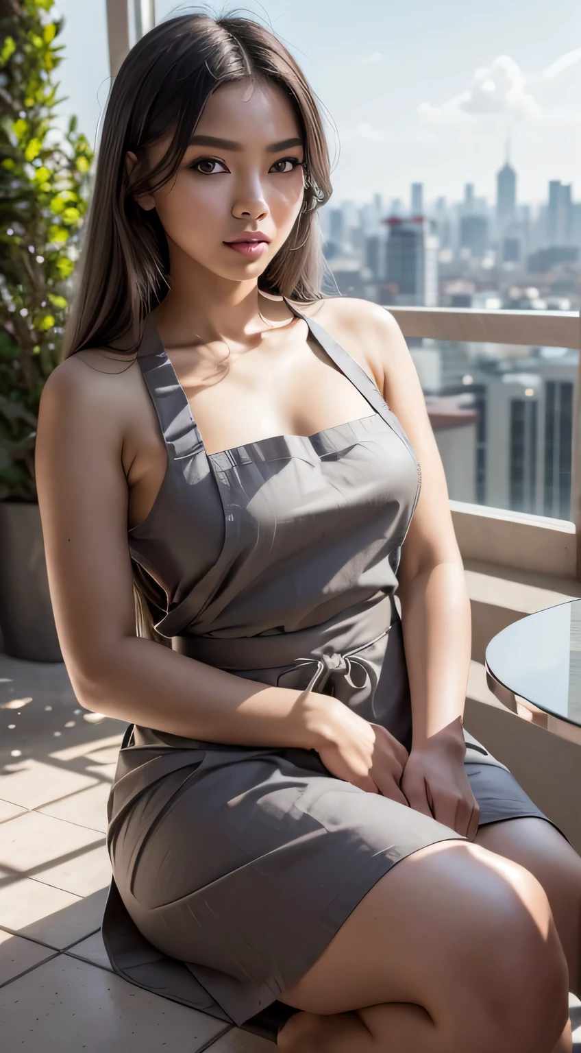 (best quality,4k,8k,highres,masterpiece:1.2),ultra-detailed,(realistic,photorealistic,photo-realistic:1.37),fashion photography, (((stunningly beautiful indonesian girl))), beautiful detailed eyes, slight smile, beautiful detailed lips, long eyelashes, random hairstyle, random hair colour, stylish makeup, (((perky))), gorgeous model, posing with confidence, sensuous expression, modern photography techniques, striking contrast between light and shadow, soft and natural lighting, pale skin tone, subtle blush, pop of colour on the lips, dramatic background with vivid colours, artistic composition, ethereal atmosphere, whisper of wind blowing through her hair, graceful and elegant posture, bokeh effects, (((gray naked apron))), (((exquisite accessories))), bold and creative fashion choices, (((sitting in an outdoor dining room with views to the city))), at night, UHD