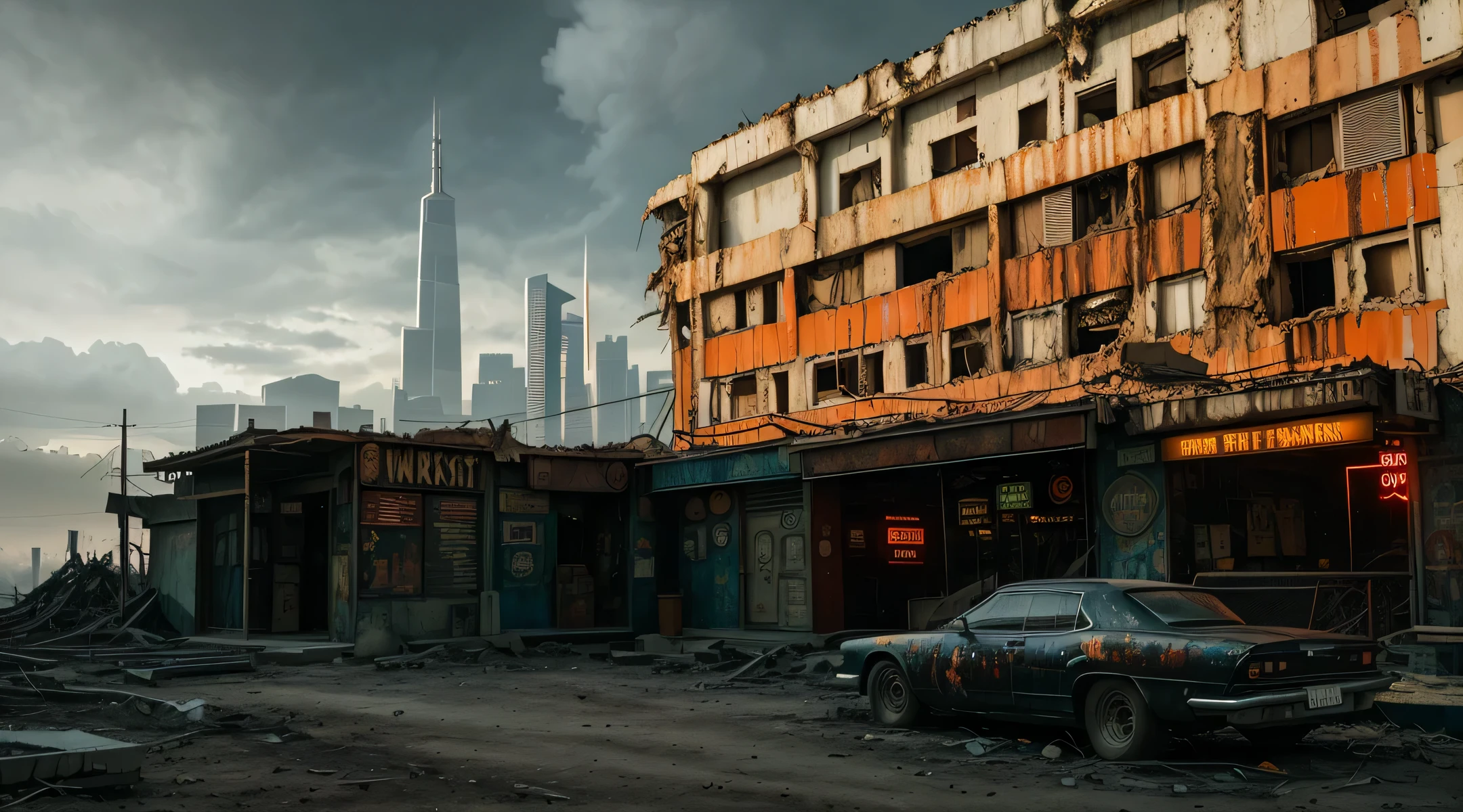 The painting depicts a surreal and futuristic landscape, A blend of awe-inspiring beauty and terror. The sky is deep, Pulsed red, The clouds seem to be alive，On the move. In the distance, Great city view view, towering skyscrapers, Neon lights, and a row of buildings. The city is illuminated by various colors and displays, Adds an overall feeling of awe and wonder.

Sin embargo, There is also a sense of horror in the picture. Buildings and structures appear to be in a state of decay and disrepair, Broken windows, Missing parts, and cracked facades. The city is vibrant, But there is a sense of confusion and unease, It seems that something is wrong.

In the foreground, There is a huge one, Sentient beings, With a distorted and inhuman appearance. Presence consists of wires, circuit, and mechanical parts, It seems to be coming out of the ground, As if rising from the depths of the earth. Its eyes glow with an intense, Red light, Its mouth opened, Rows of sharp sharpness are revealed, Metal teeth.

The background is shrouded in darkness, Only a few, Dim lights are visible in the distance. There is a sense of the unknown and uncertainty, As if the world beyond the cityscape is vast and wild.

The painting captures the essence of a surreal and futuristic world, A blend of awe-inspiring beauty and terror. The images are visually stunning, It shows the world in new and unusual eyes, A mix of the familiar and the unknown.

High detail RAW color art, animation, Cartoon, (white theme), (intricately details, Fine details, ultra - detailed), Ray traching, Subsurface scattering, ((pastel colour)), diffused soft lighting, Shallow depth of field, By (Oliver Wetter), author：Stanley Kubrick, shot on a Canon EOS R5, 28mm lens, f/2.8, Sharp focus bokeh