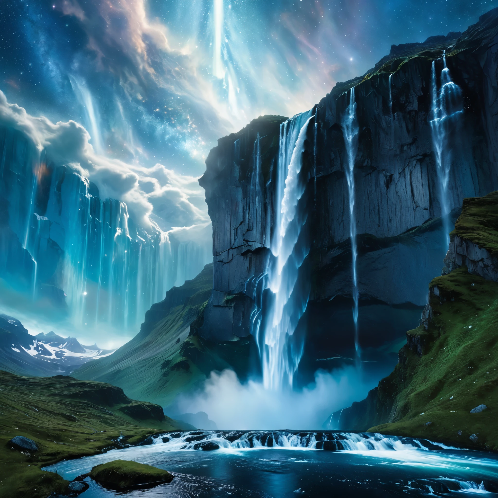 In the vast expanse of space, a waterfall cascades down from the clouds of Asgard, its crystalline droplets reflecting the shimmering stars and nebulae. Capture the raw power and ethereal beauty of Norse mythology's most iconic landscape, defined by striking realism and meticulous attention to detail.