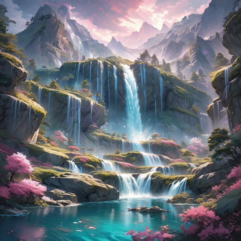 Waterfall, aesthetic, Waterfall and mountains, Epic cinematic brilliant stunning intricate meticulously detailed dramatic atmospheric maximalist digital matte painting, landscape